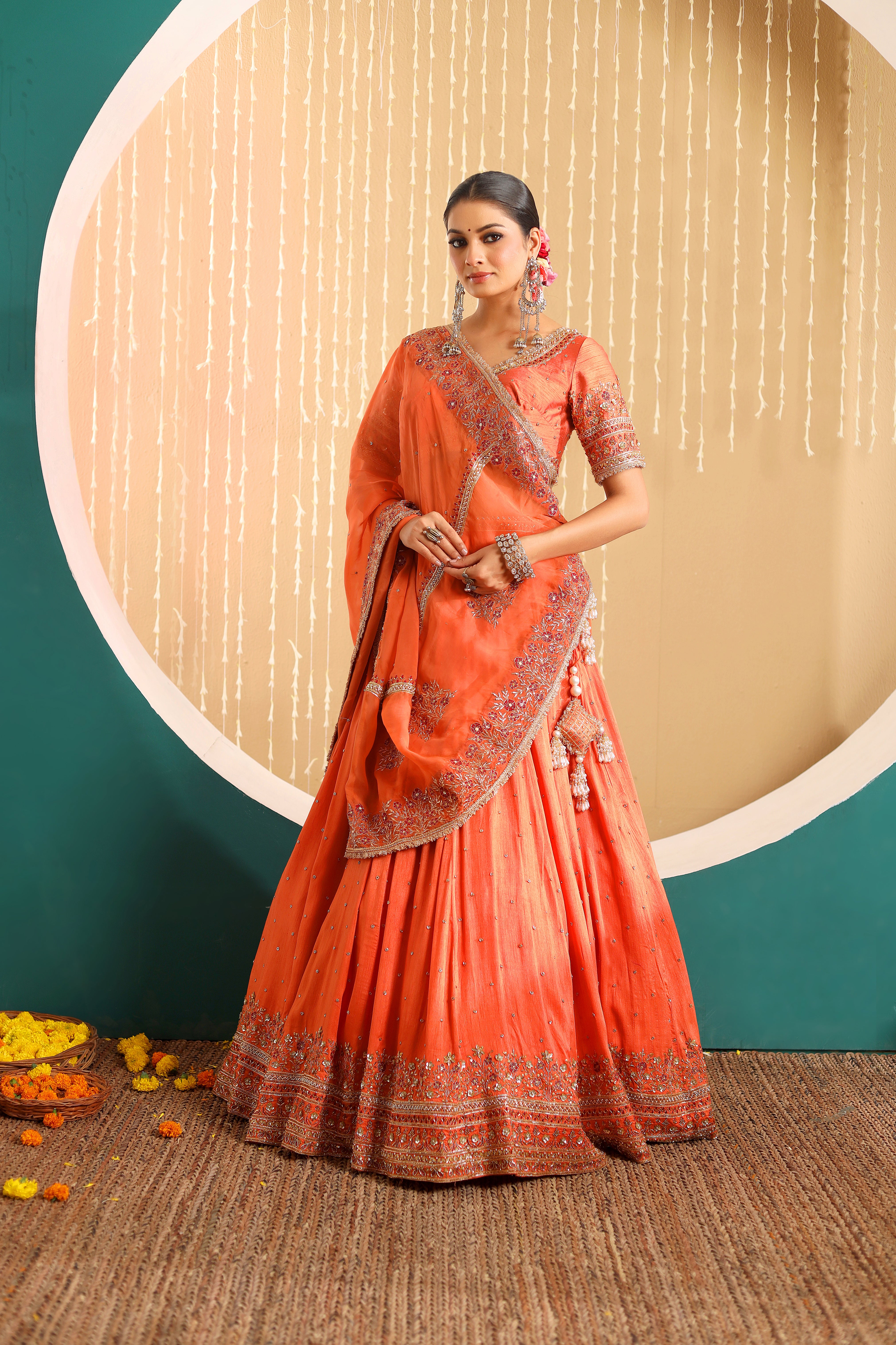 SAHIBA - Orange row silk full hand embroidered lehenga set with dupatta.