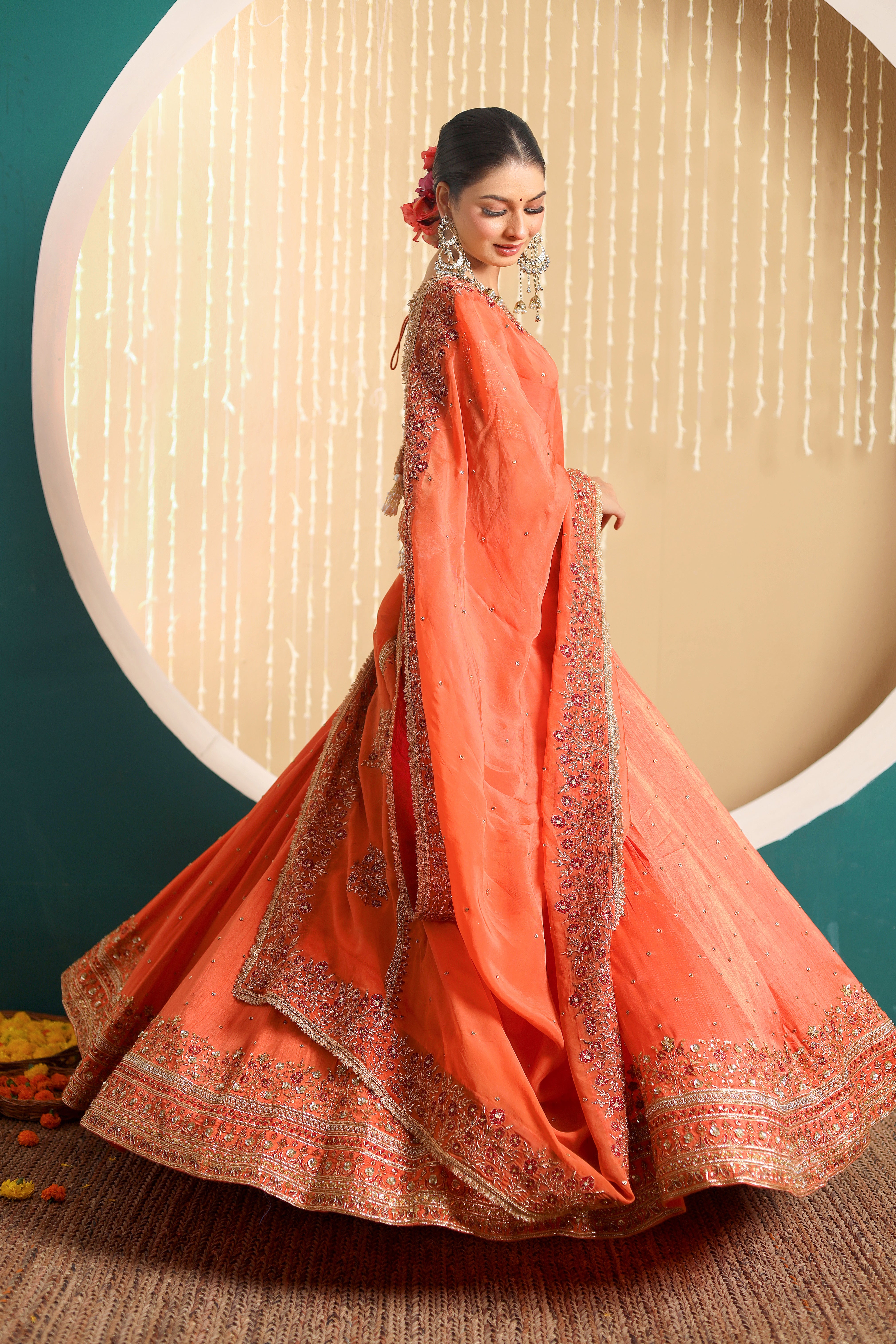 SAHIBA - Orange row silk full hand embroidered lehenga set with dupatta.