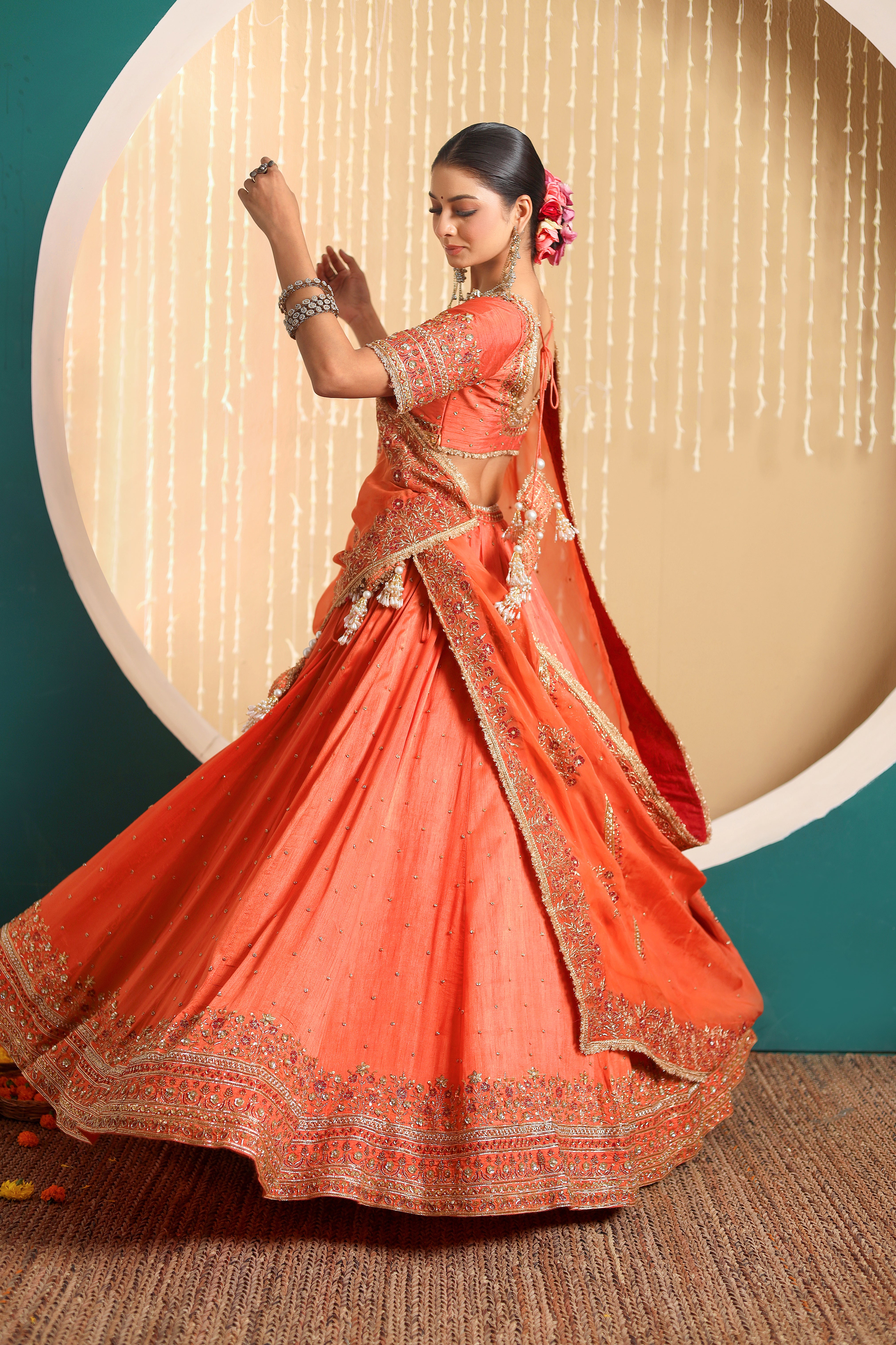 SAHIBA - Orange row silk full hand embroidered lehenga set with dupatta.