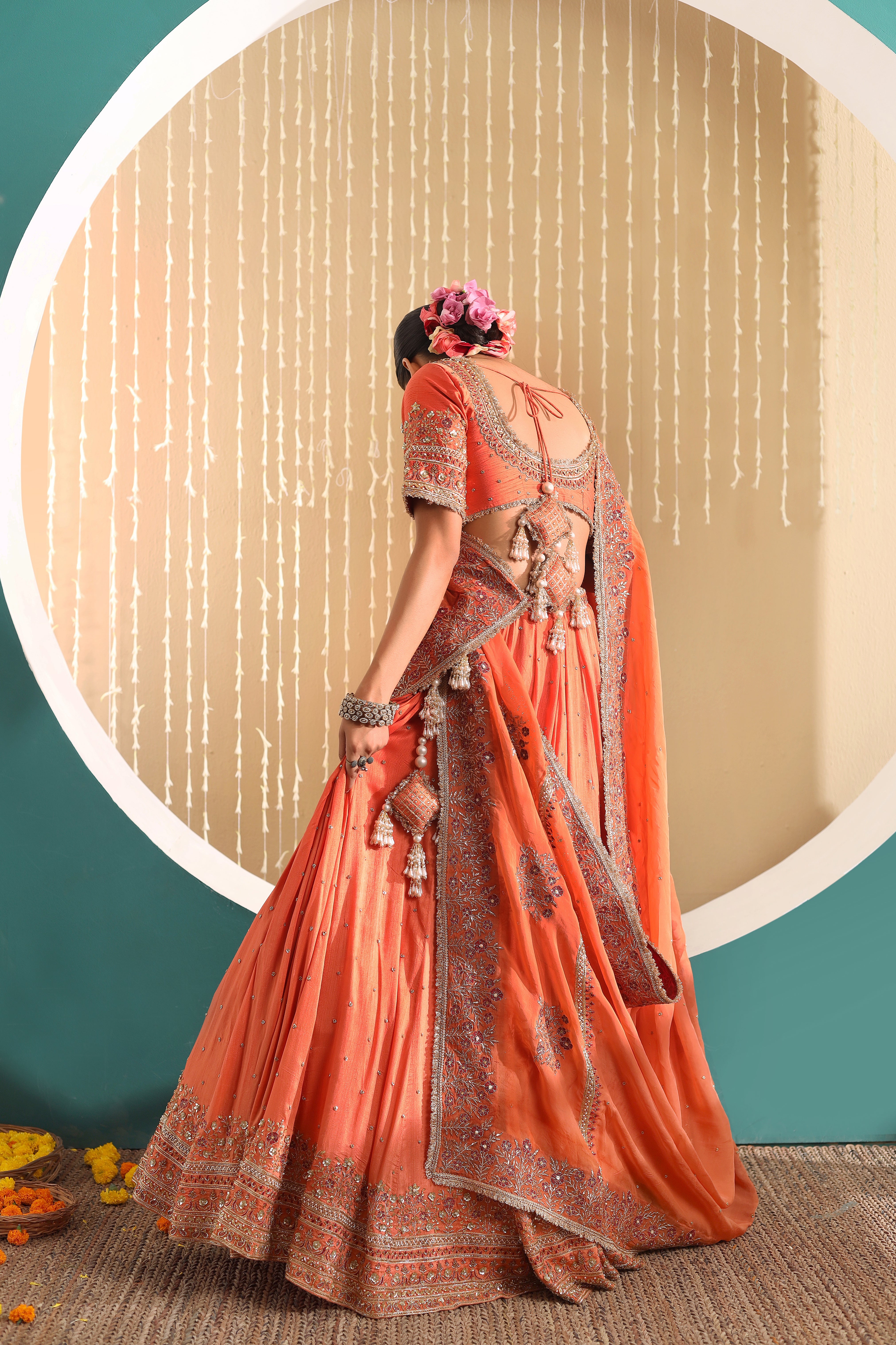 SAHIBA - Orange row silk full hand embroidered lehenga set with dupatta.