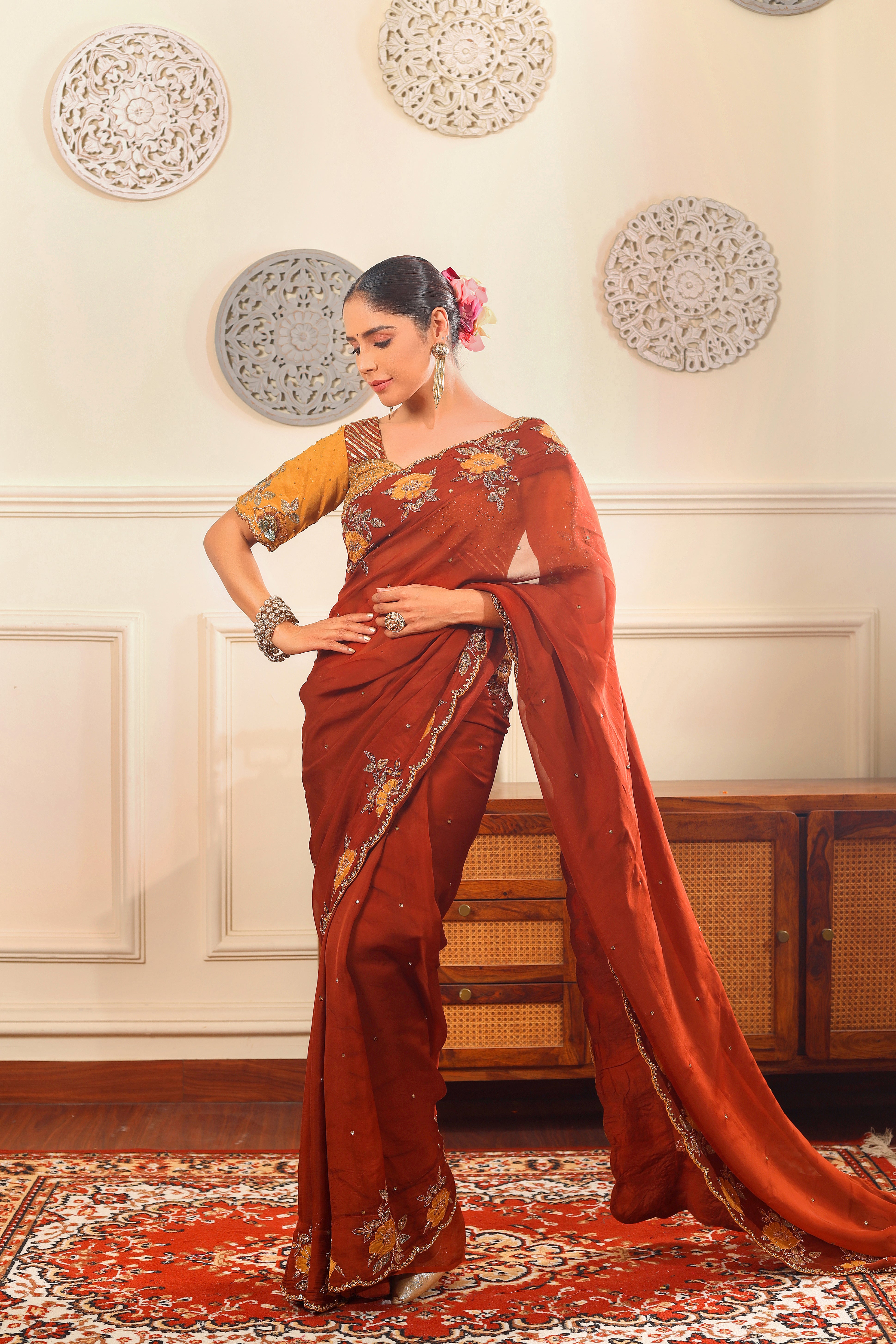 FIRDOUS - Full hand embroidered organza saree with mustard raw silk blouse.