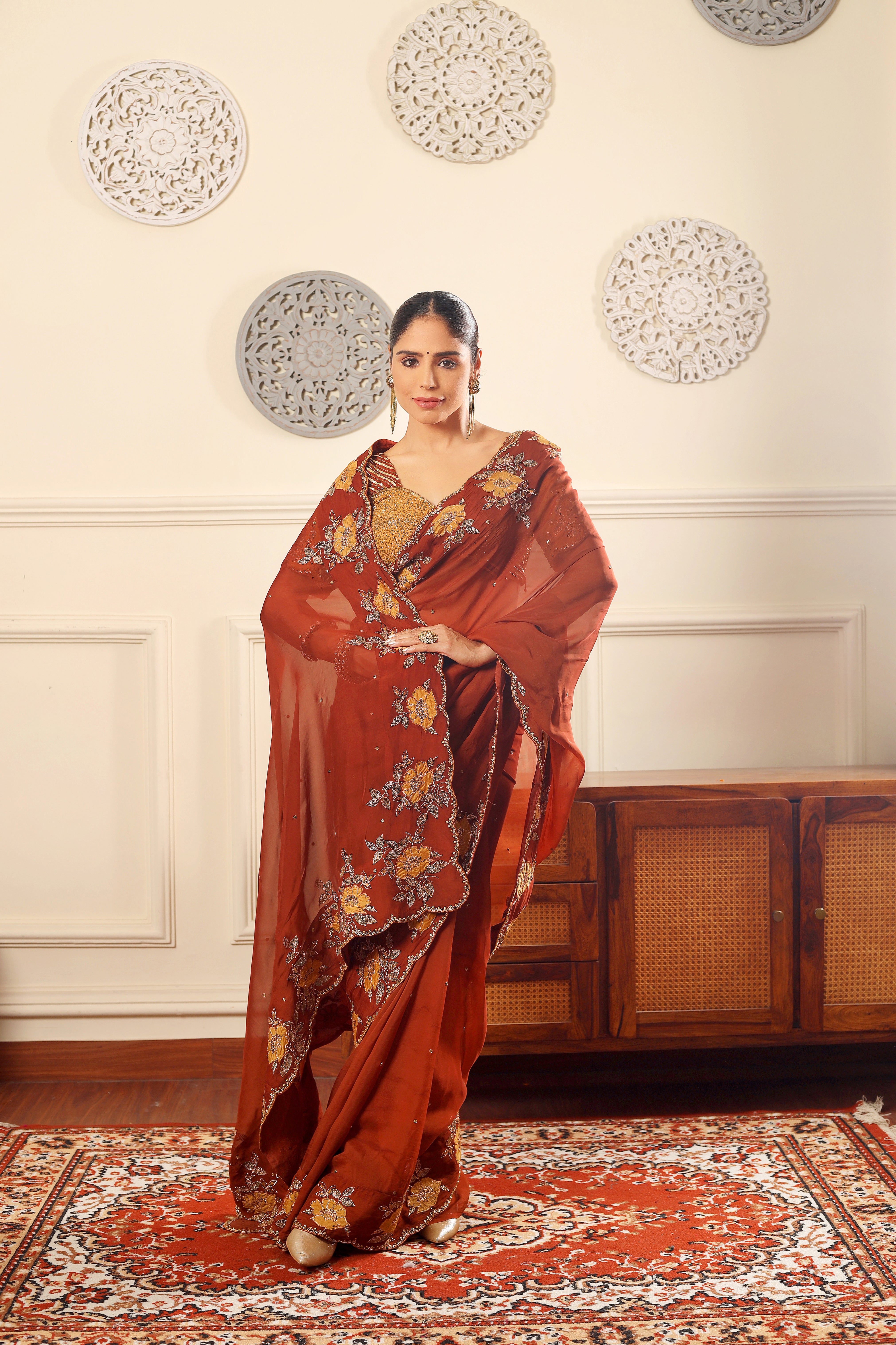 FIRDOUS - Full hand embroidered organza saree with mustard raw silk blouse.