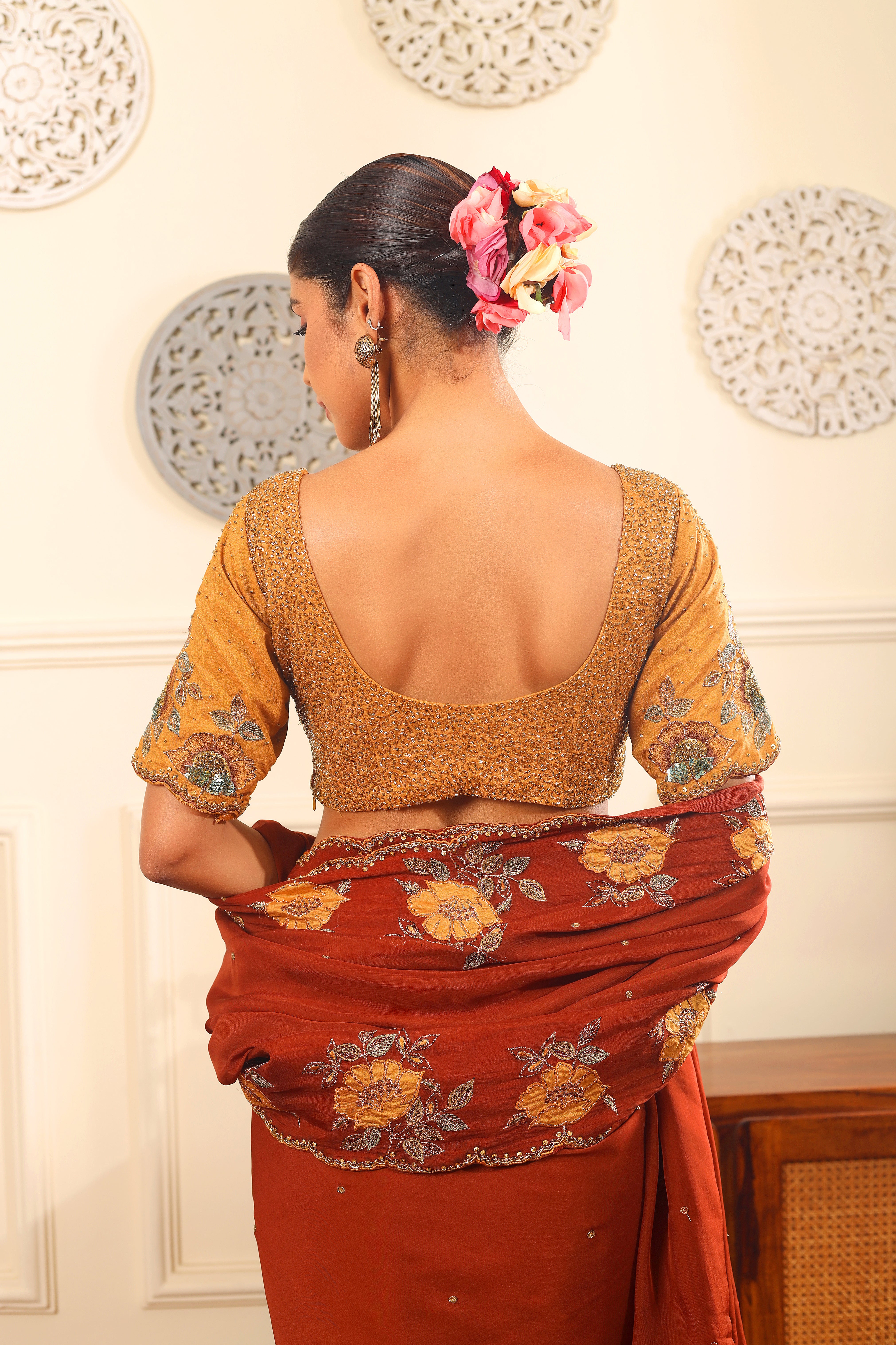 FIRDOUS - Full hand embroidered organza saree with mustard raw silk blouse.