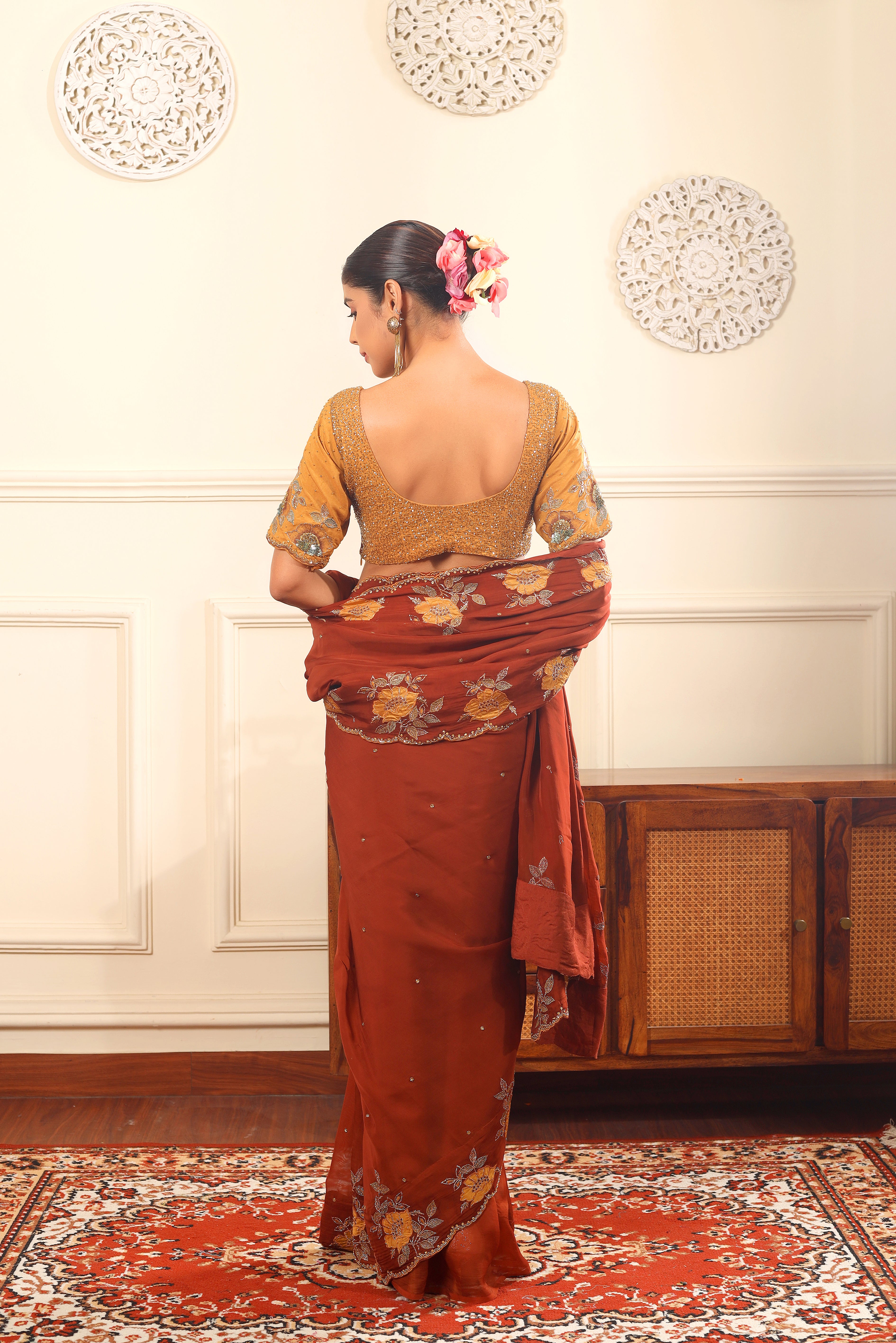 FIRDOUS - Full hand embroidered organza saree with mustard raw silk blouse.