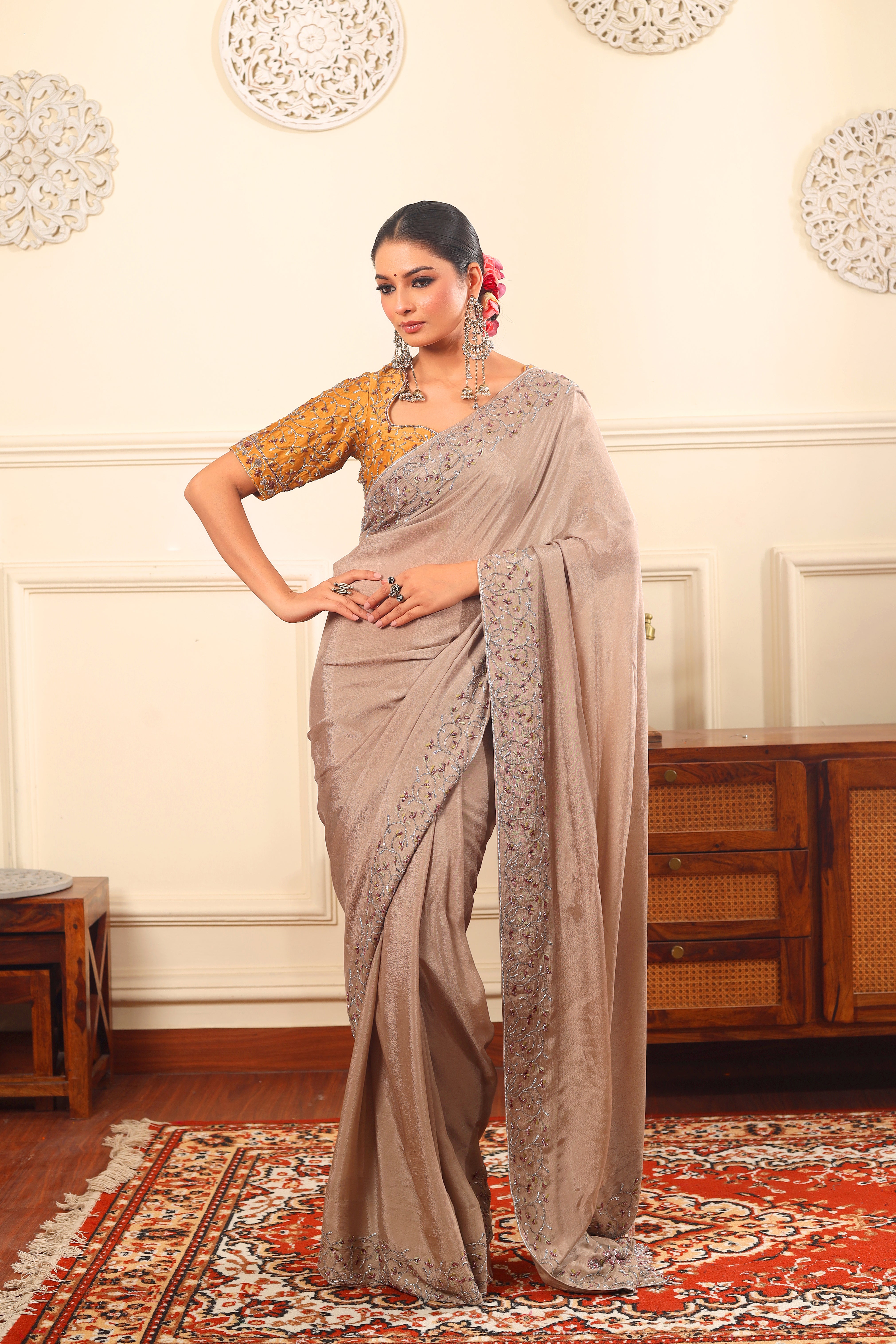 GULBAHAAR - Vintage sand full hand embroidered saree with raw silk blouse.
