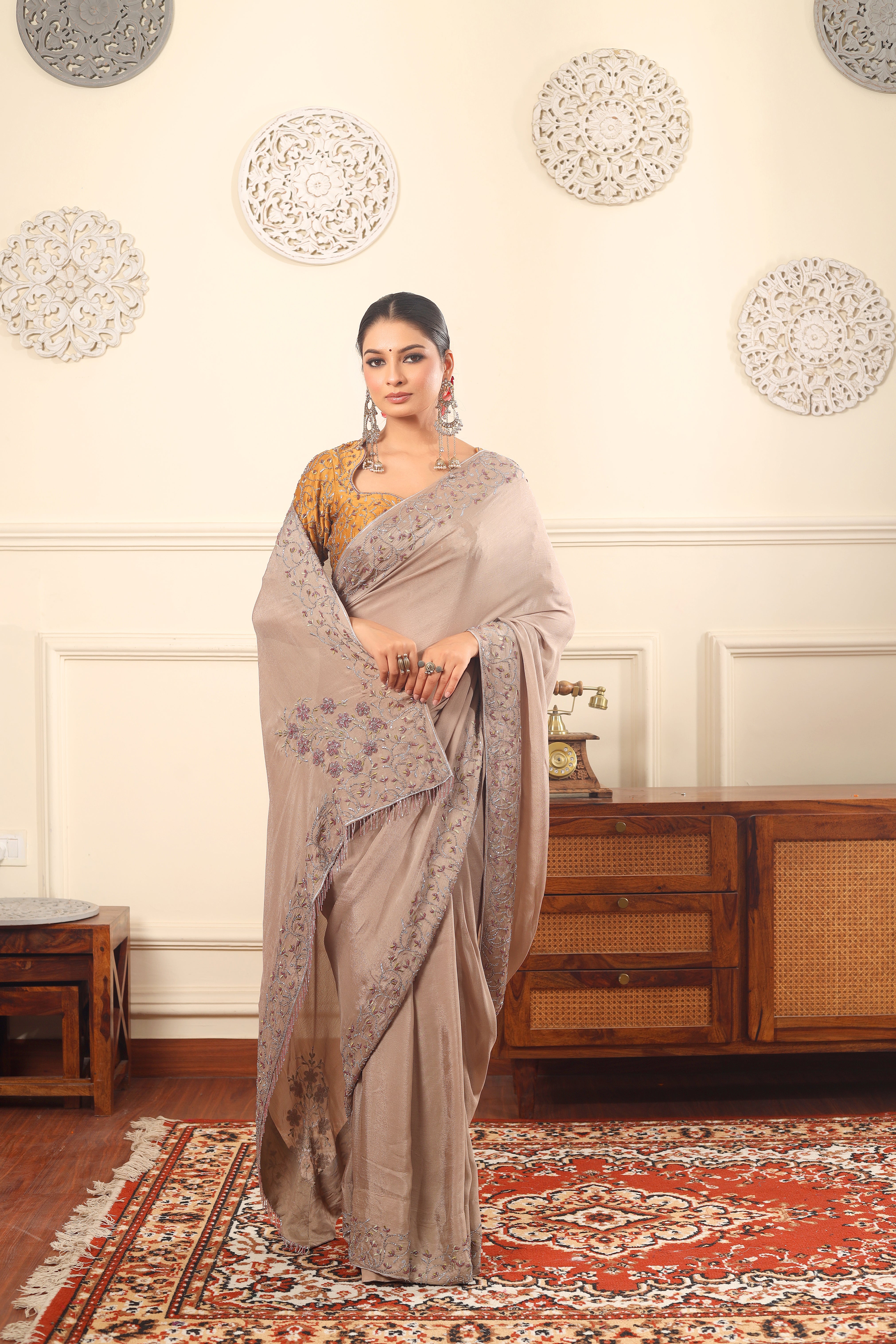 GULBAHAAR - Vintage sand full hand embroidered saree with raw silk blouse.
