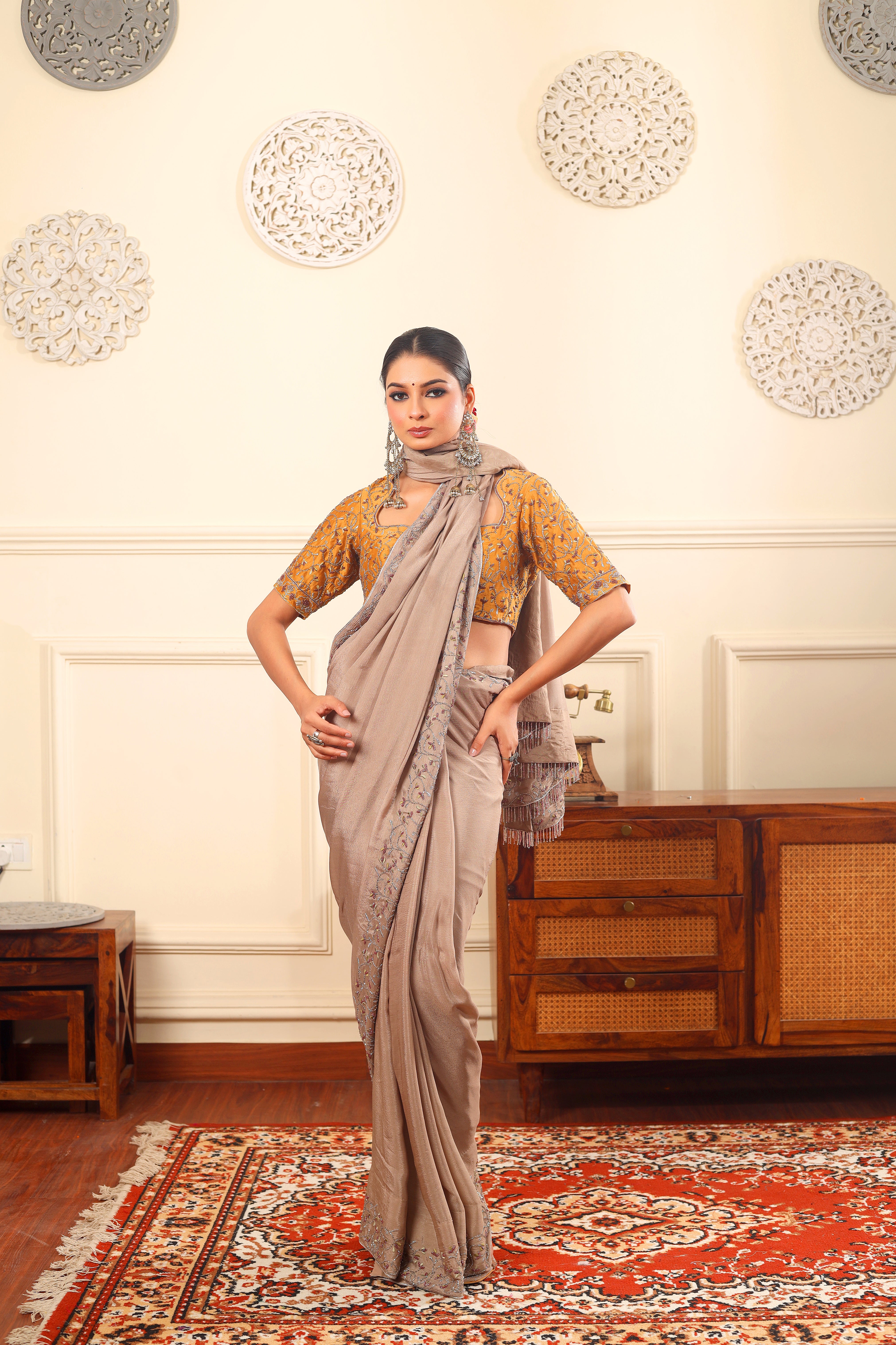 GULBAHAAR - Vintage sand full hand embroidered saree with raw silk blouse.