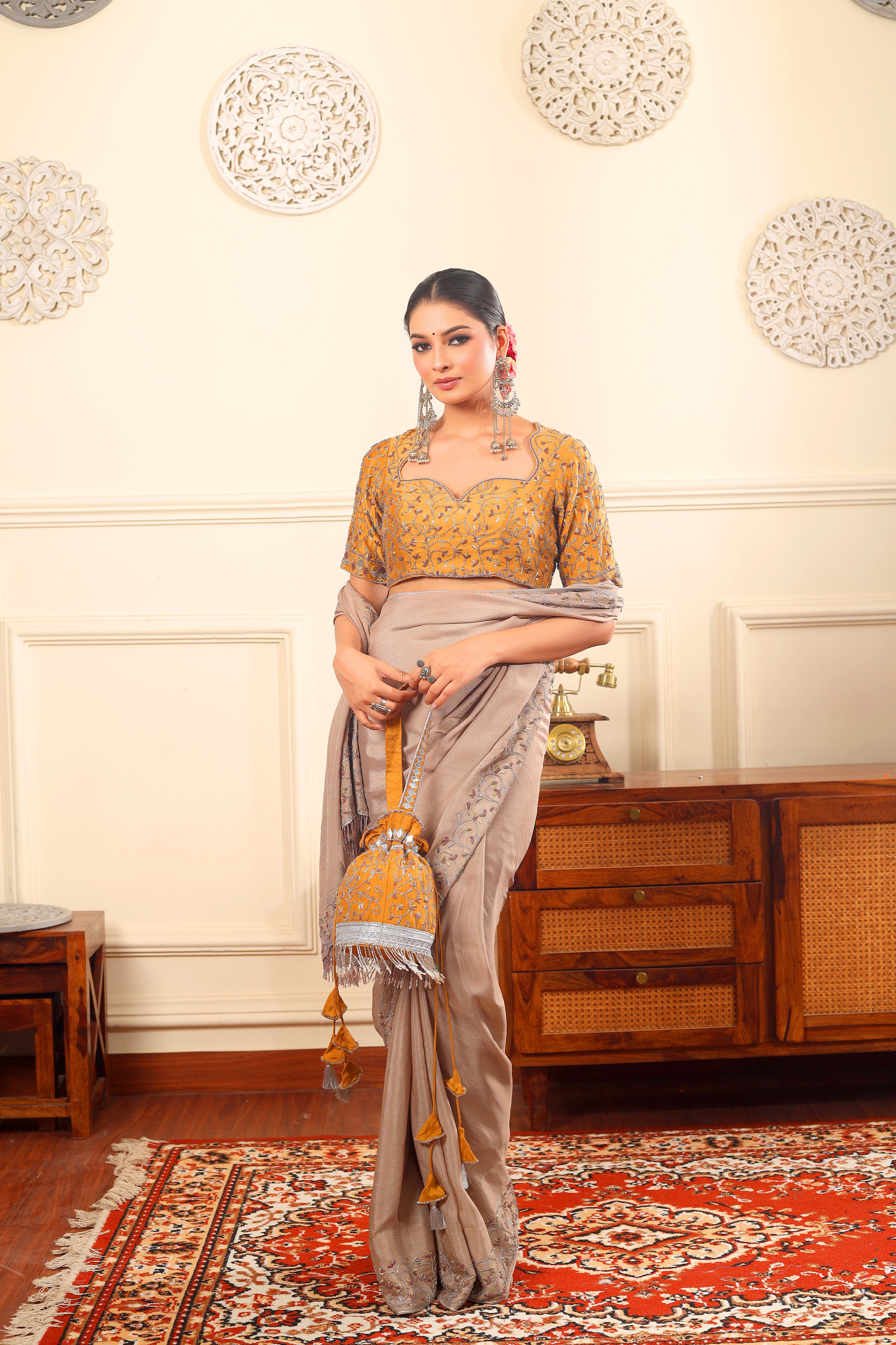 GULBAHAAR - Vintage sand full hand embroidered saree with raw silk blouse.