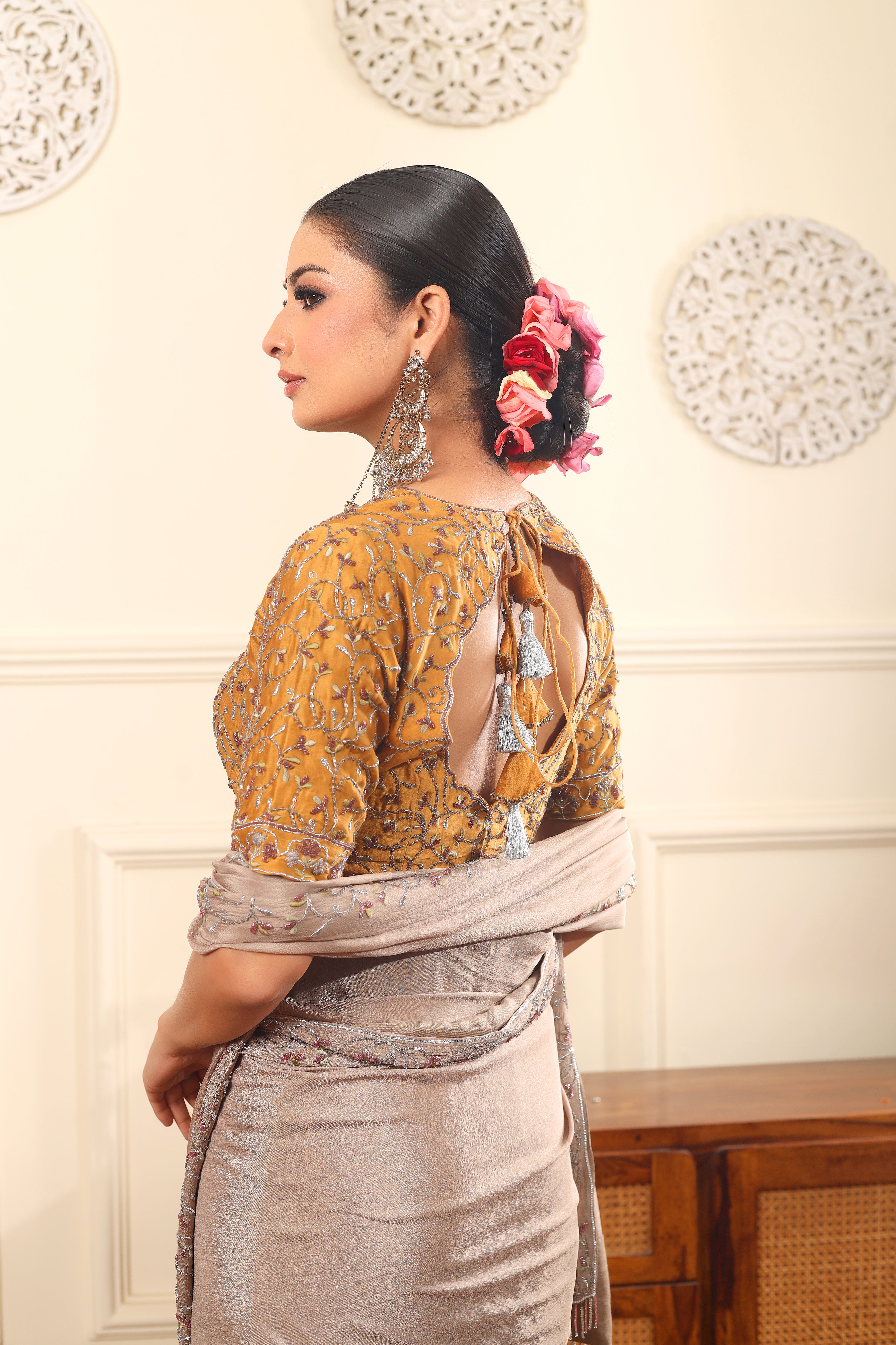 GULBAHAAR - Vintage sand full hand embroidered saree with raw silk blouse.