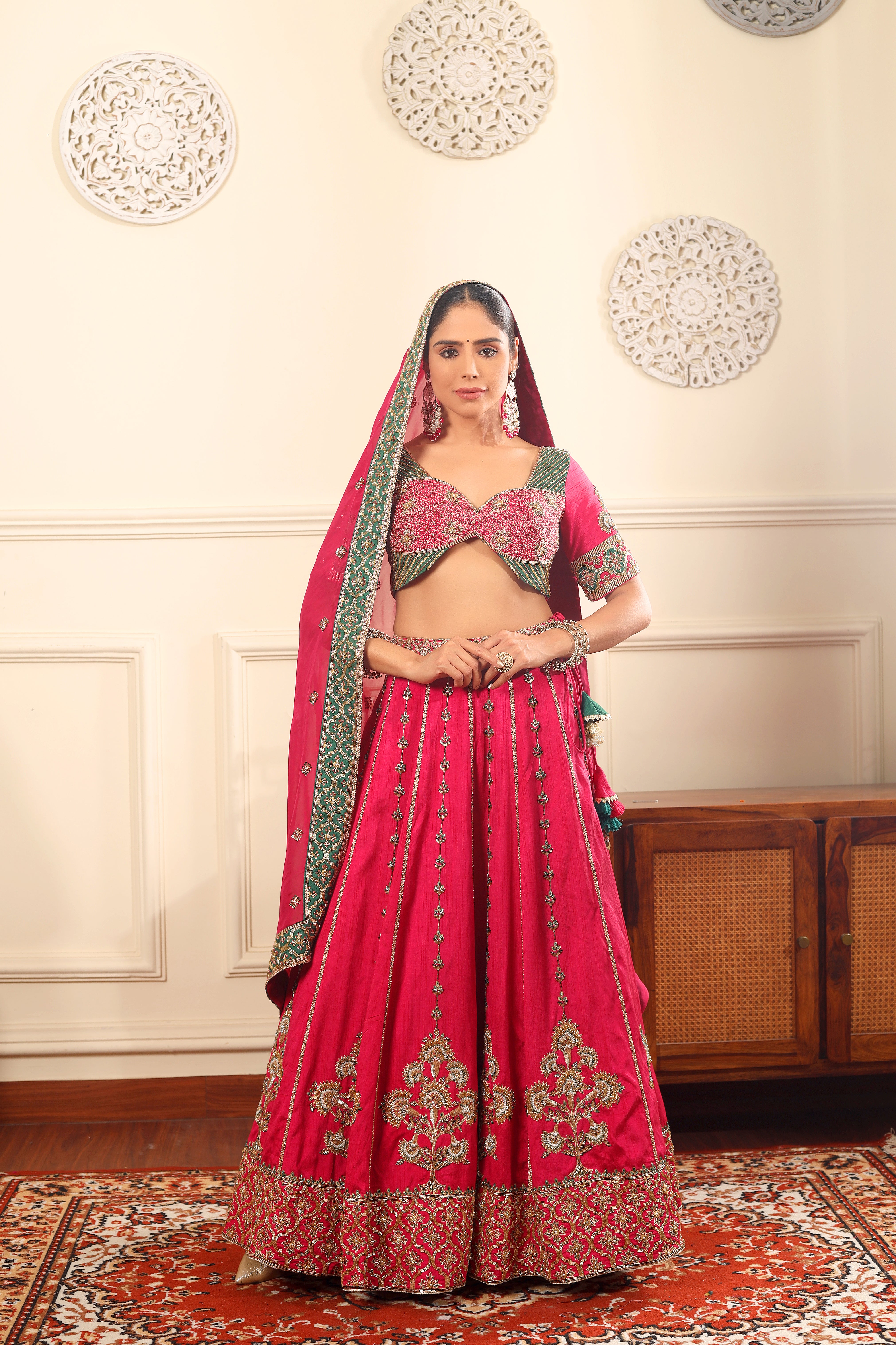 PHOOLBANO - Hand embroidered pink raw silk lehenga set with dupatta.