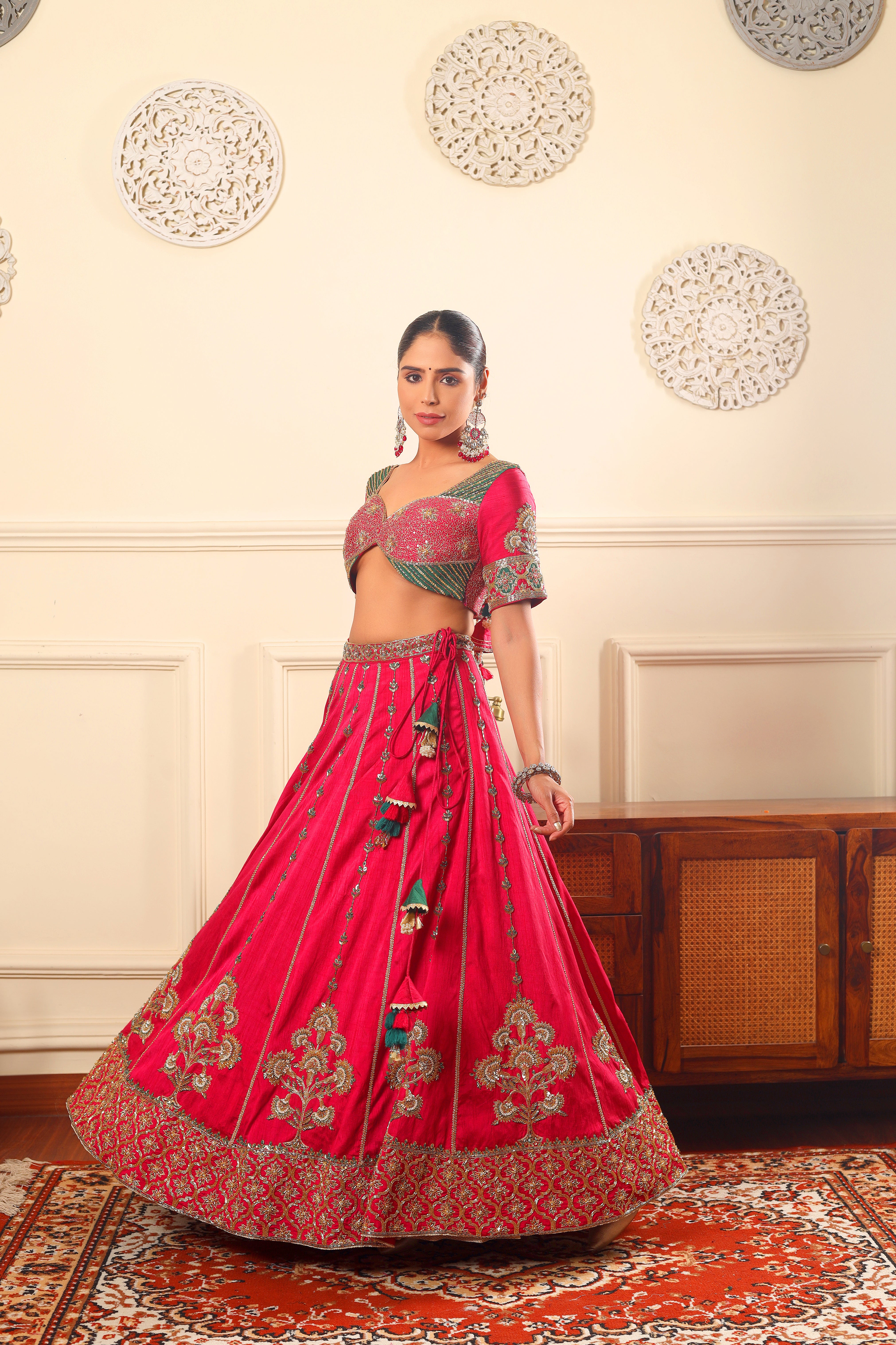 PHOOLBANO - Hand embroidered pink raw silk lehenga set with dupatta.