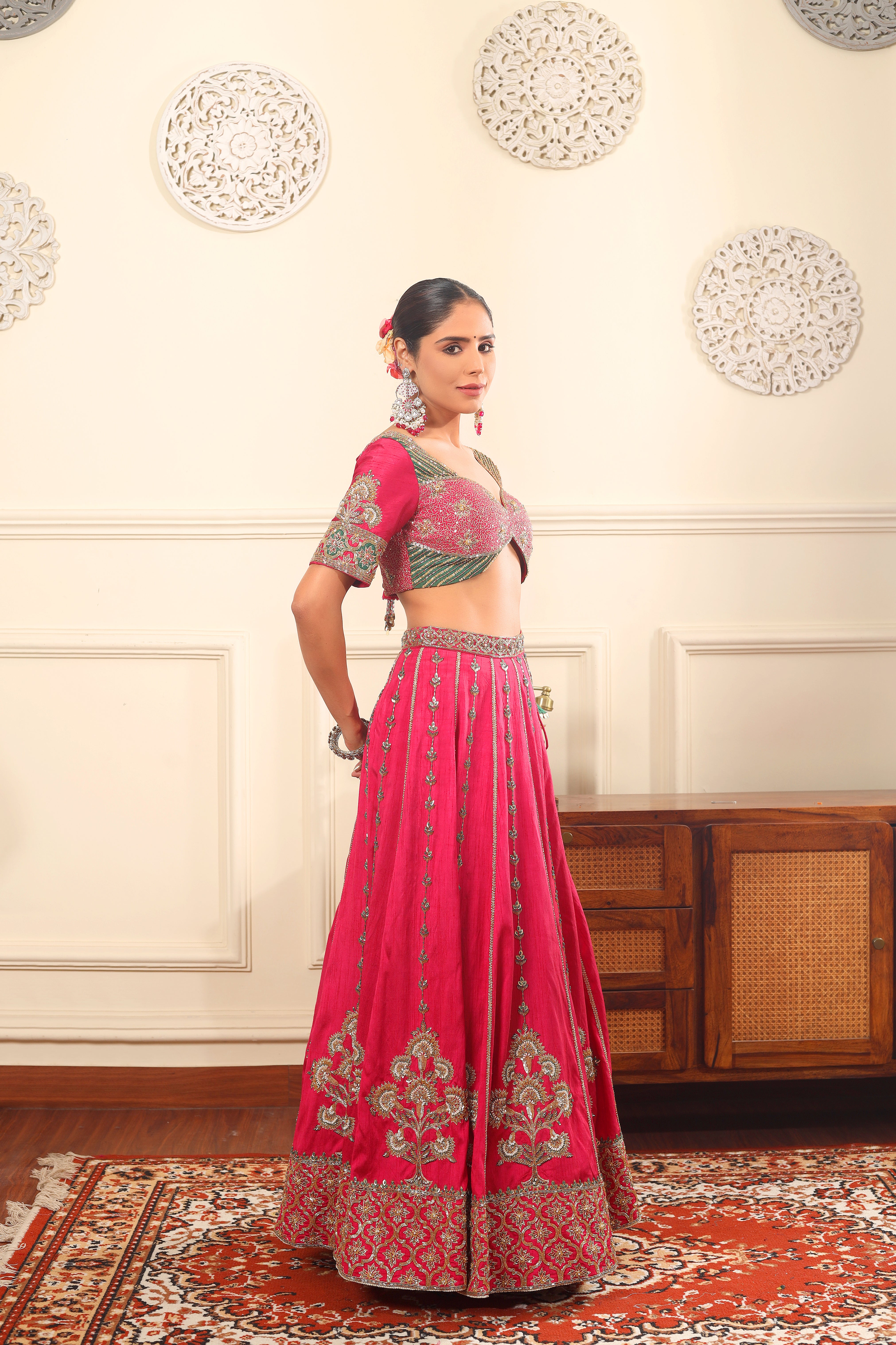 PHOOLBANO - Hand embroidered pink raw silk lehenga set with dupatta.