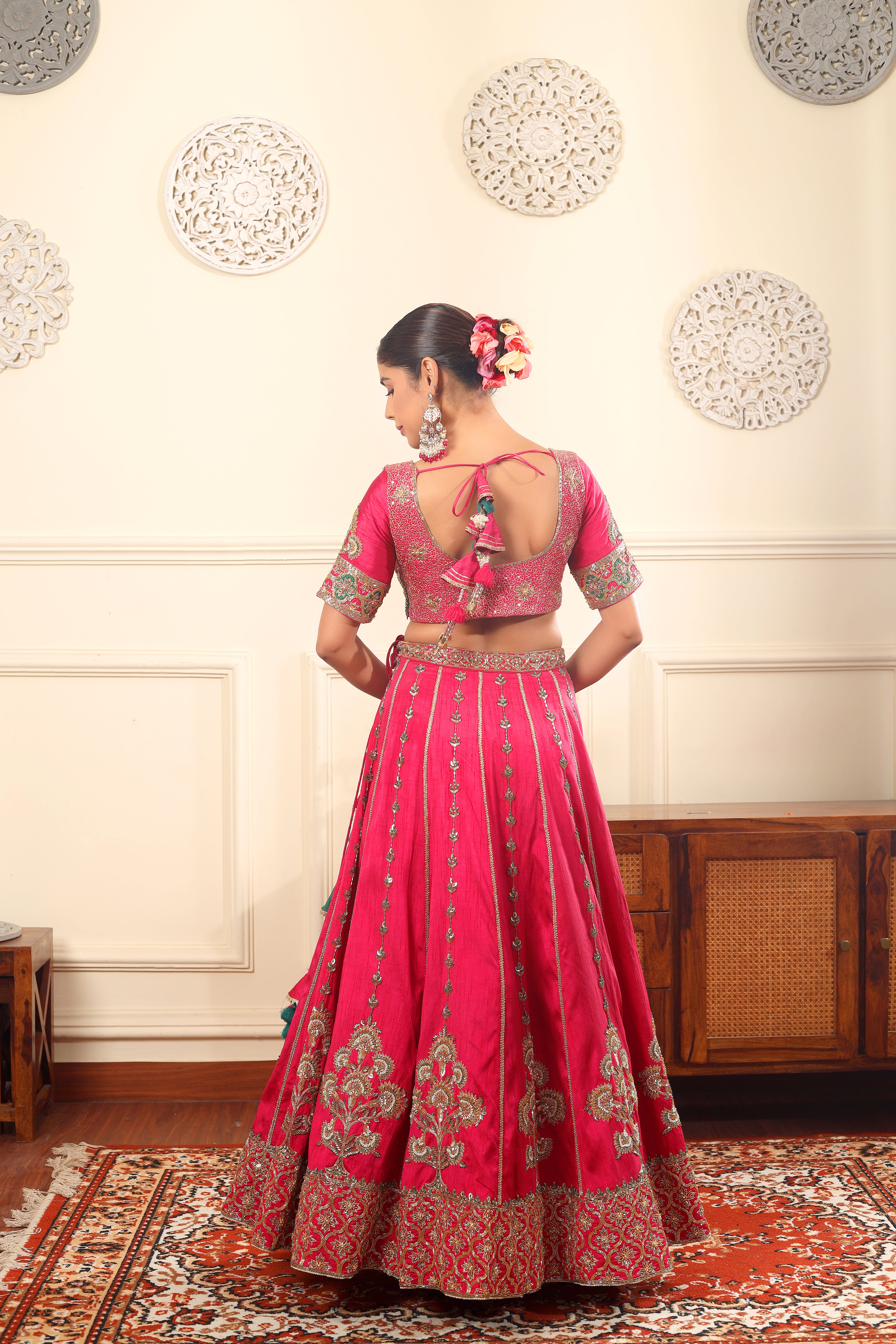 PHOOLBANO - Hand embroidered pink raw silk lehenga set with dupatta.
