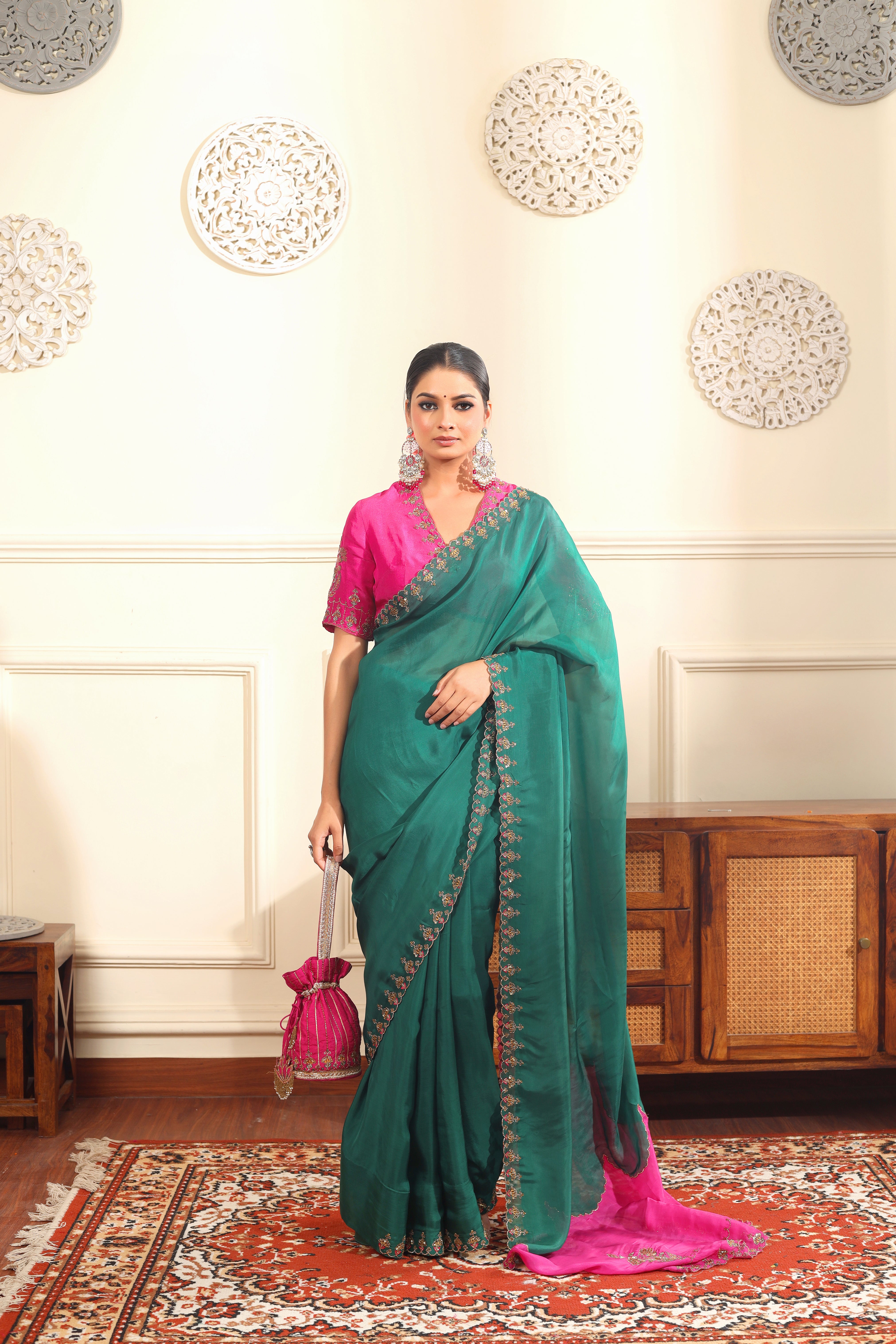 TASNEEM - Green and pink organza saree with blouse.