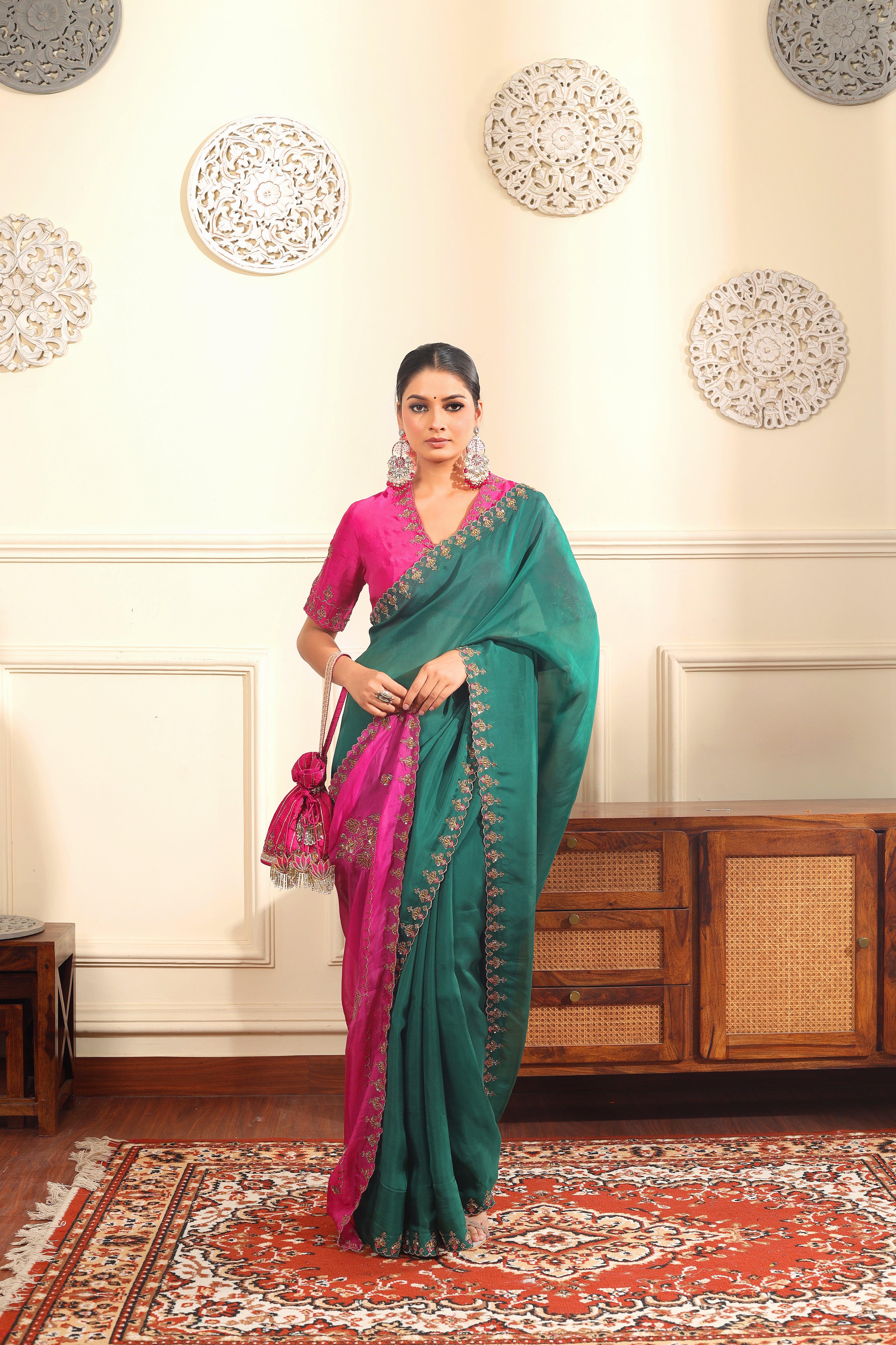 TASNEEM - Green and pink organza saree with blouse.