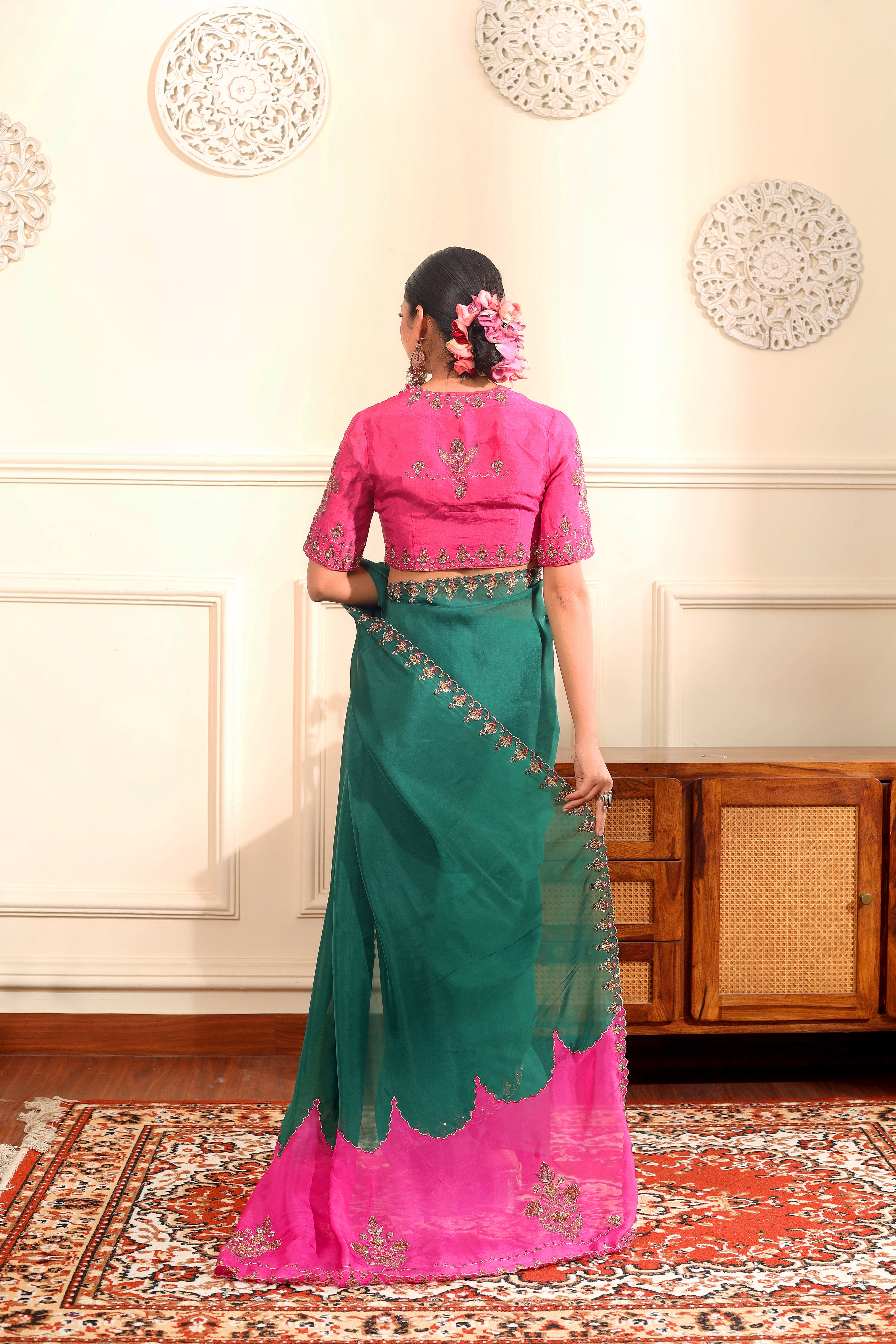 TASNEEM - Green and pink organza saree with blouse.