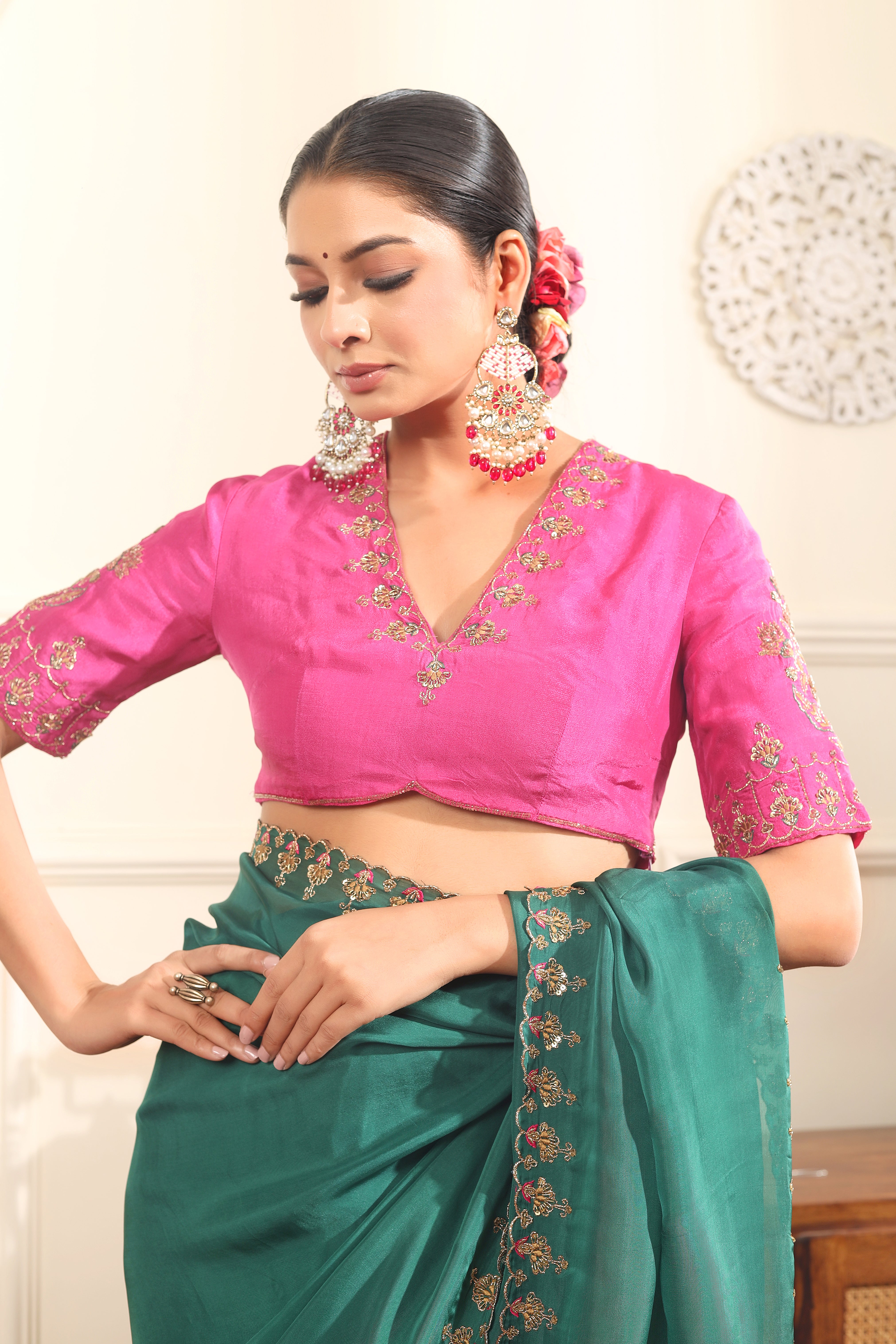 TASNEEM - Green and pink organza saree with blouse.
