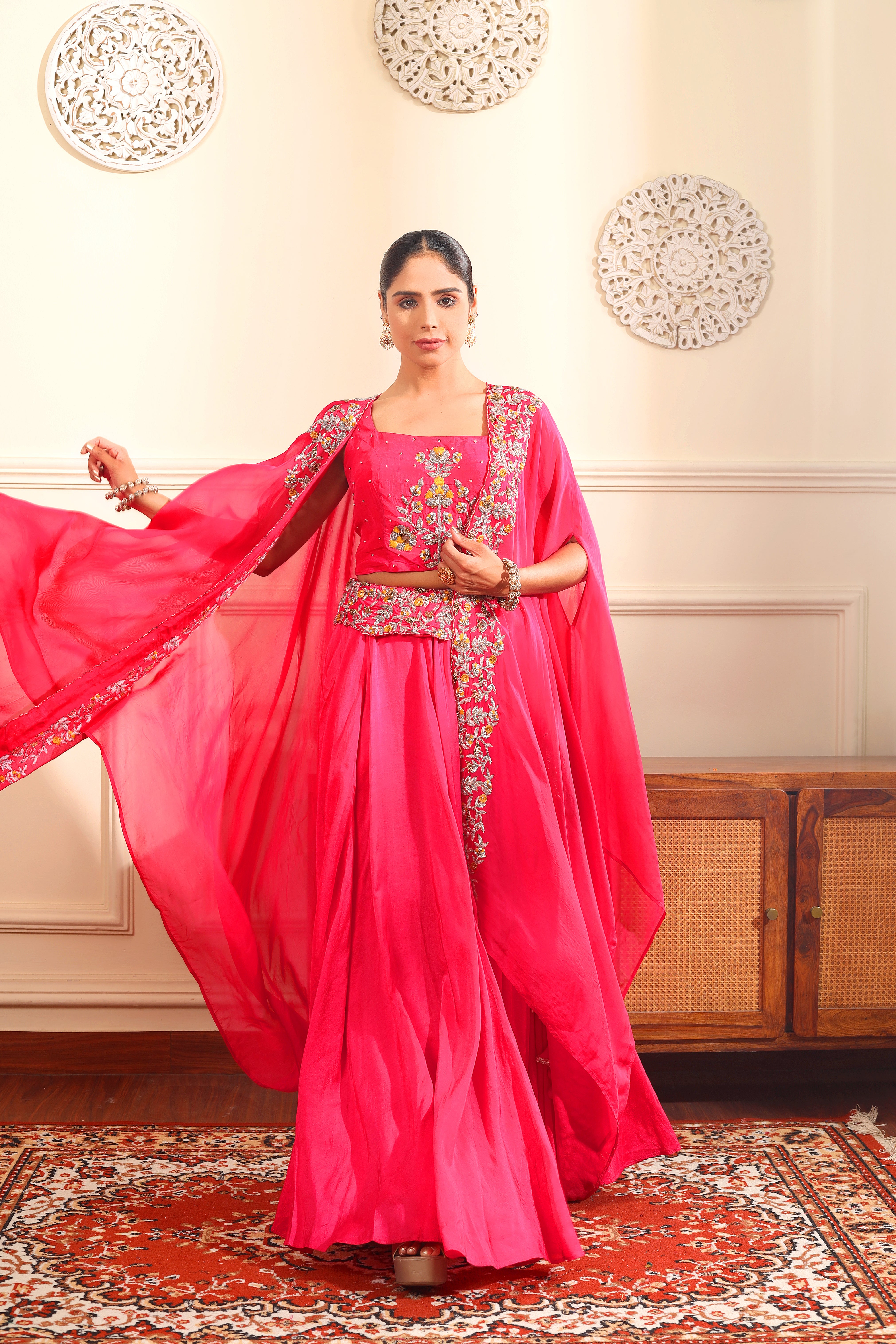 GULDOZI SET - Upada silk skirt and embroidered cape with blouse.
