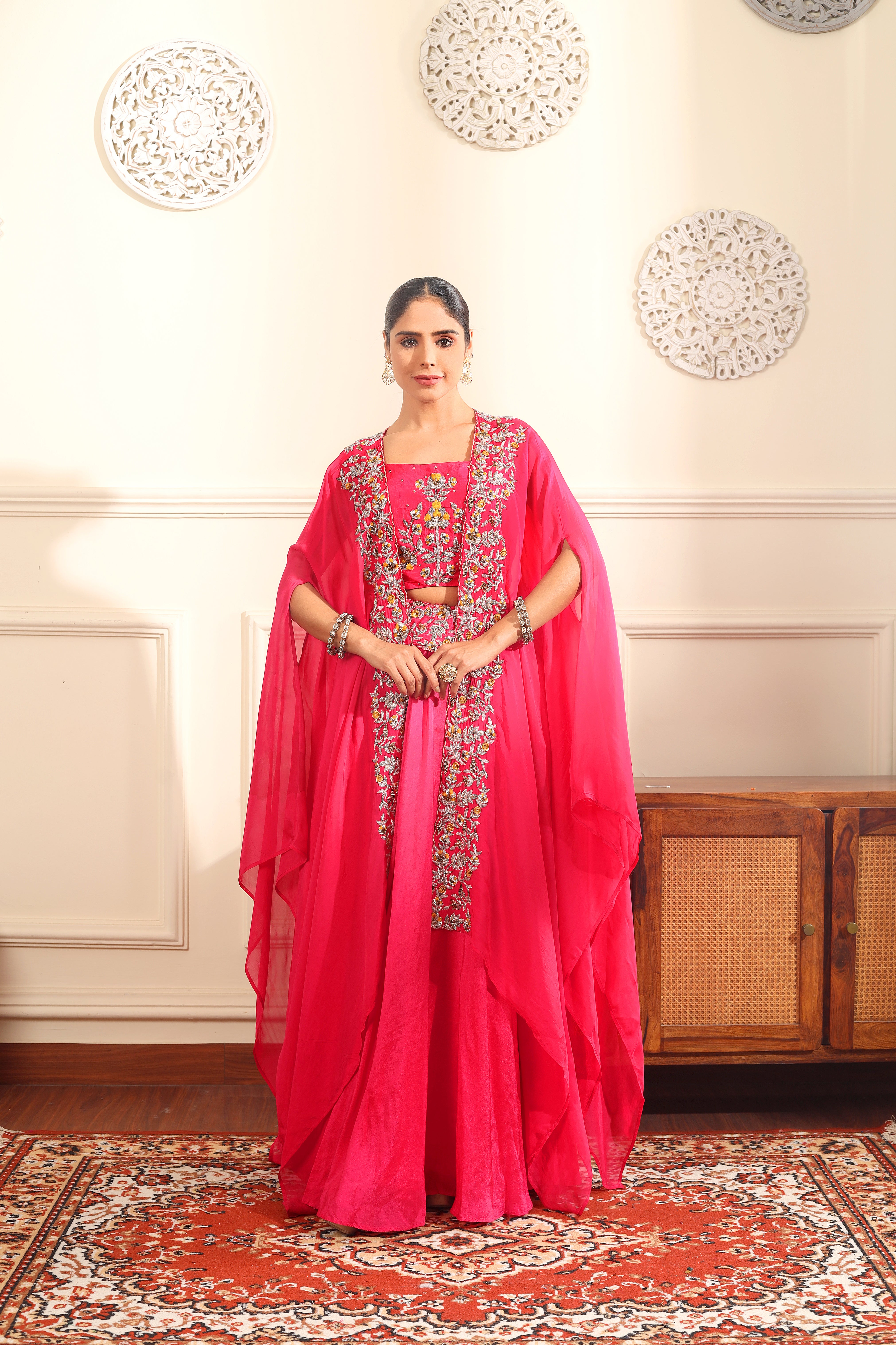 GULDOZI SET - Upada silk skirt and embroidered cape with blouse.