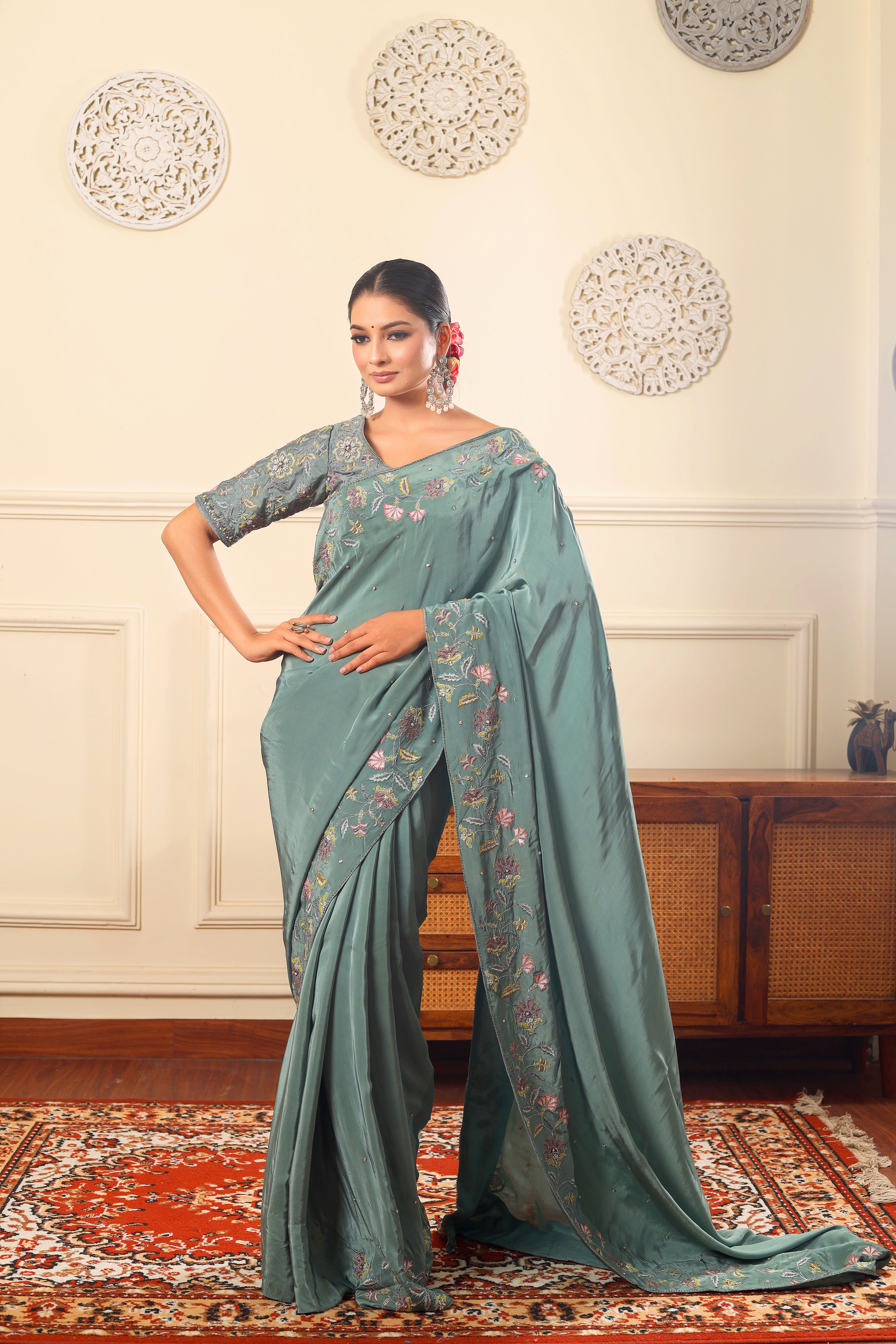 NAZM - Sage green hand embroidered saree with blouse