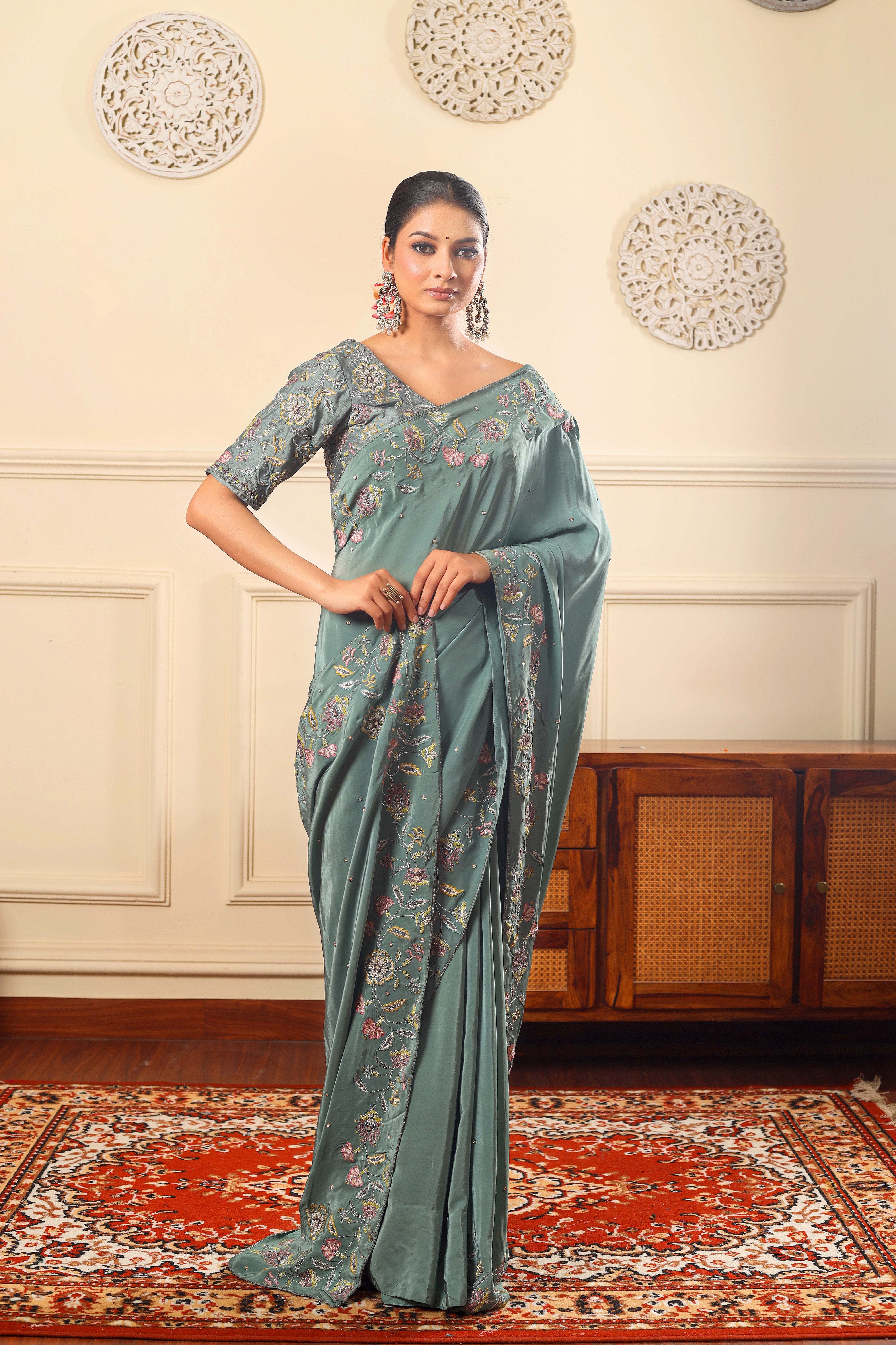 NAZM - Sage green hand embroidered saree with blouse