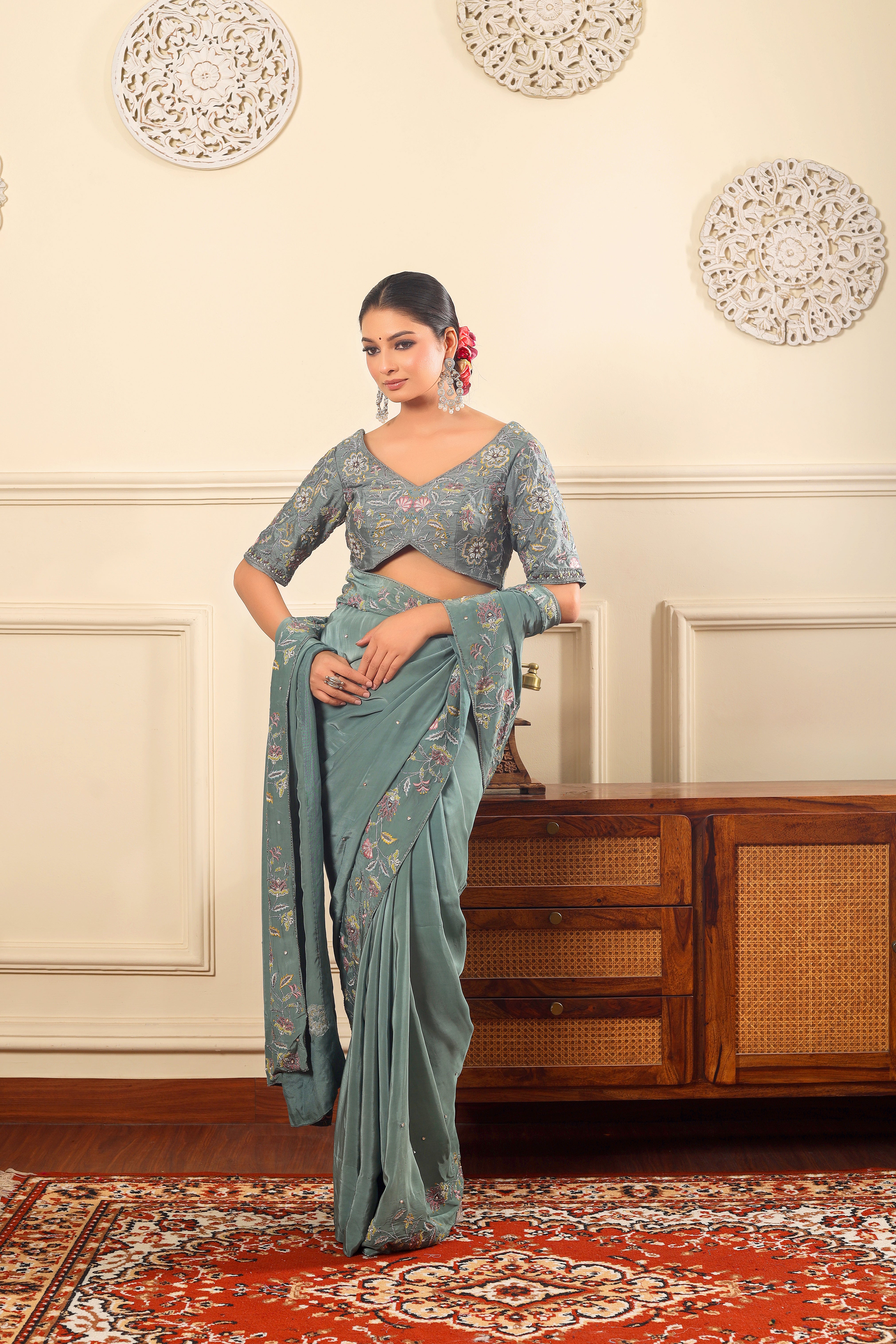 NAZM - Sage green hand embroidered saree with blouse