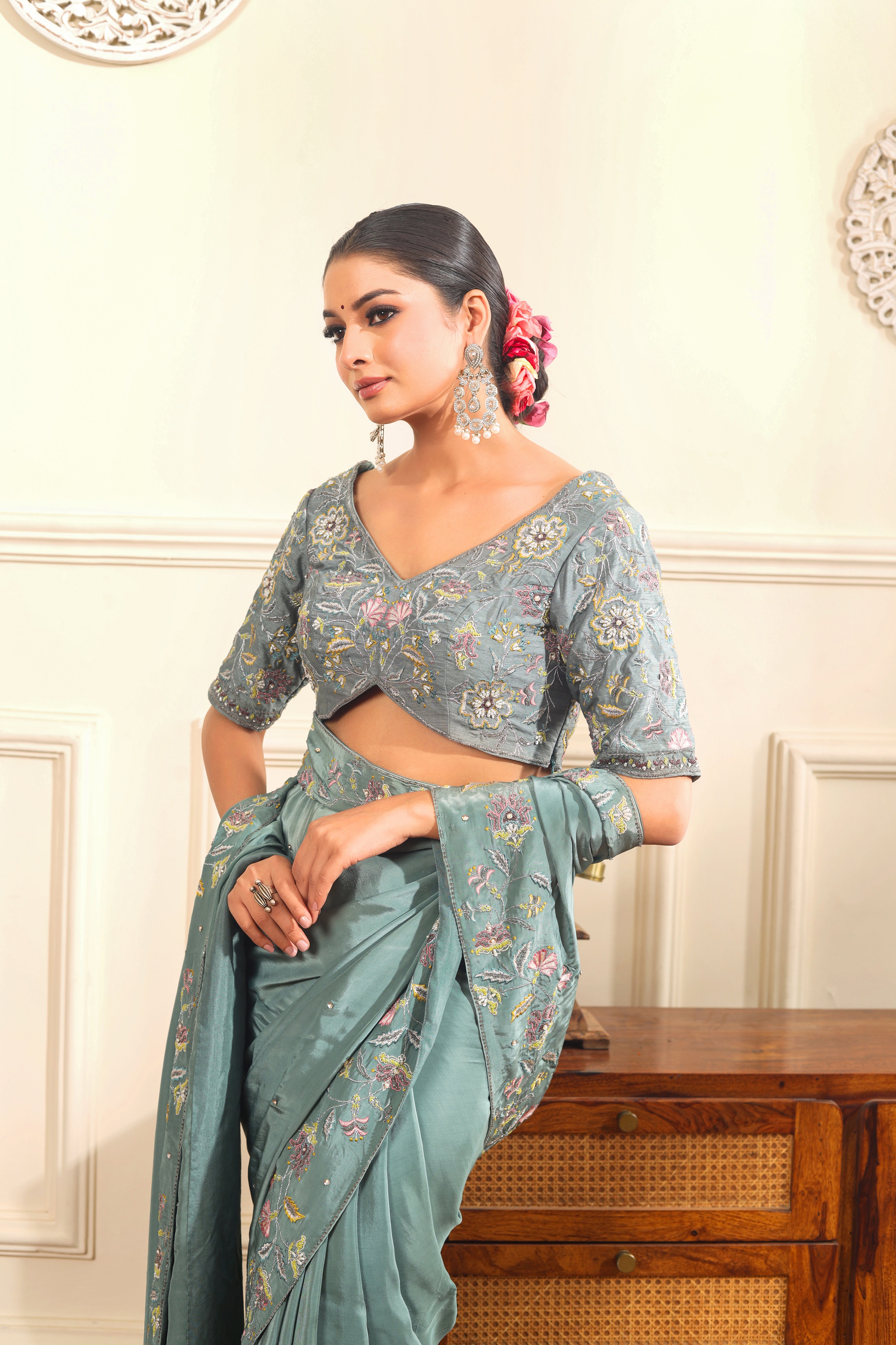 NAZM - Sage green hand embroidered saree with blouse