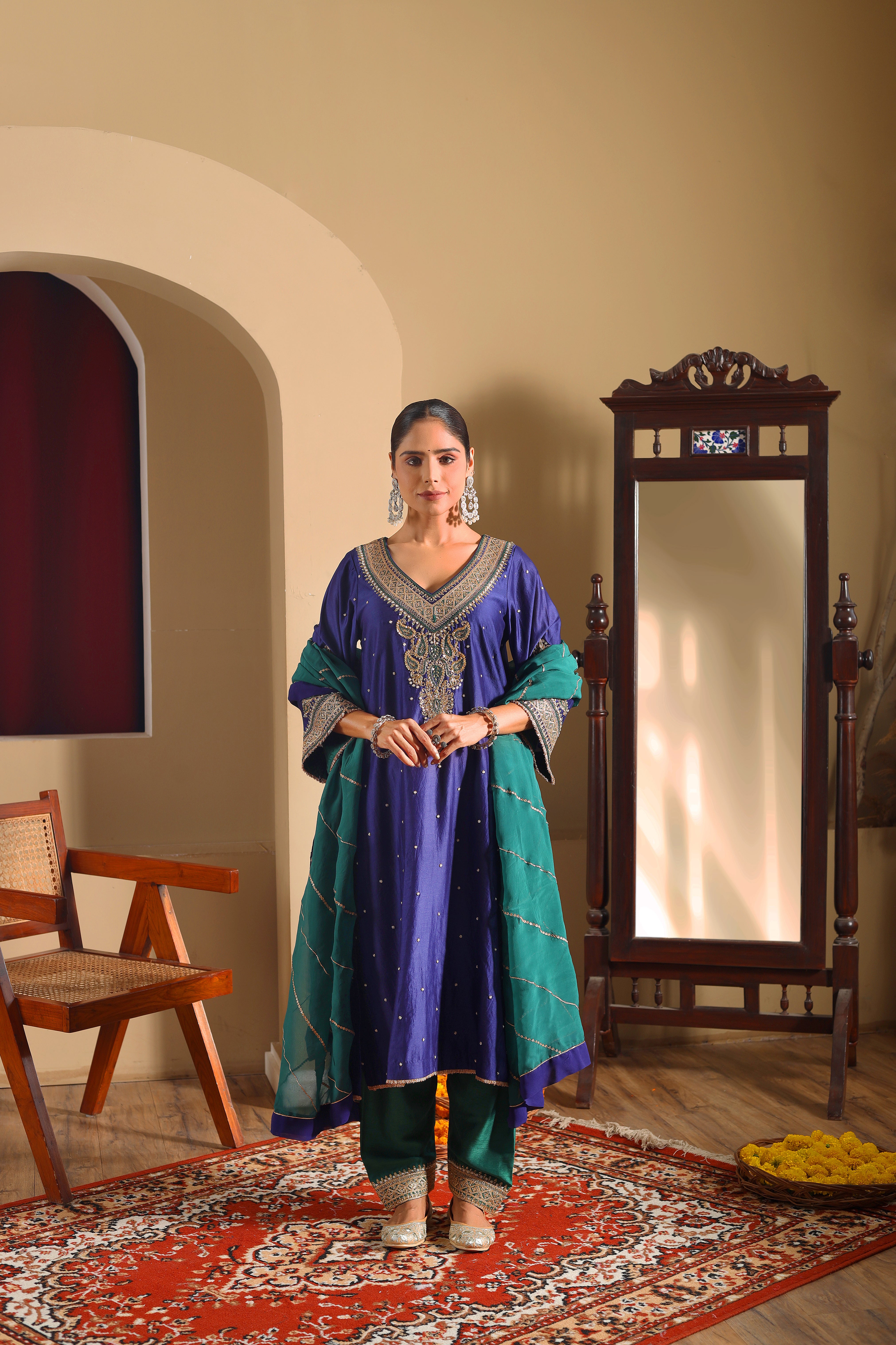Meher - Blue Hand embroidered Kurta  Set With Dupatta.
