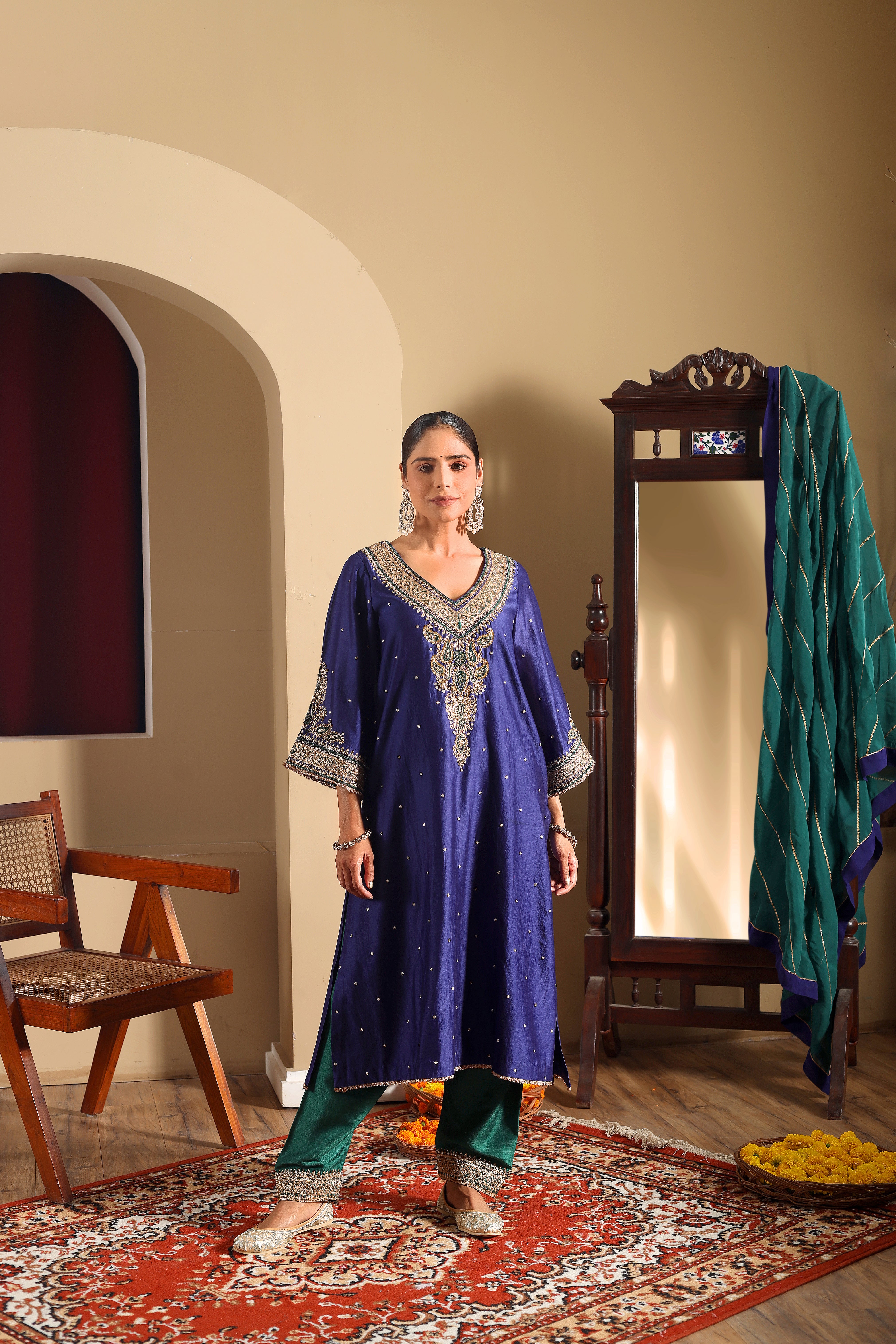 Meher - Blue Hand embroidered Kurta  Set With Dupatta.