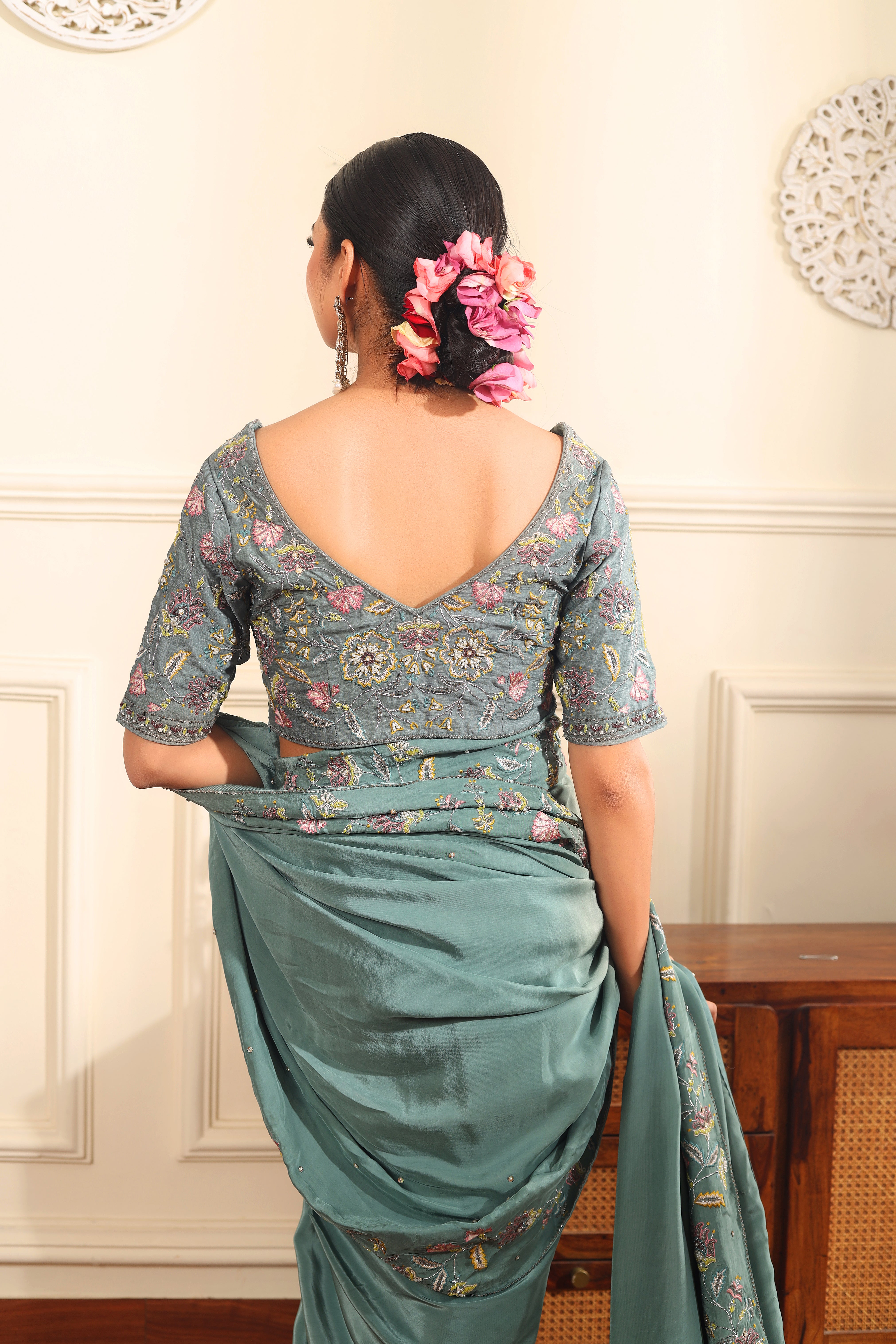 NAZM - Sage green hand embroidered saree with blouse