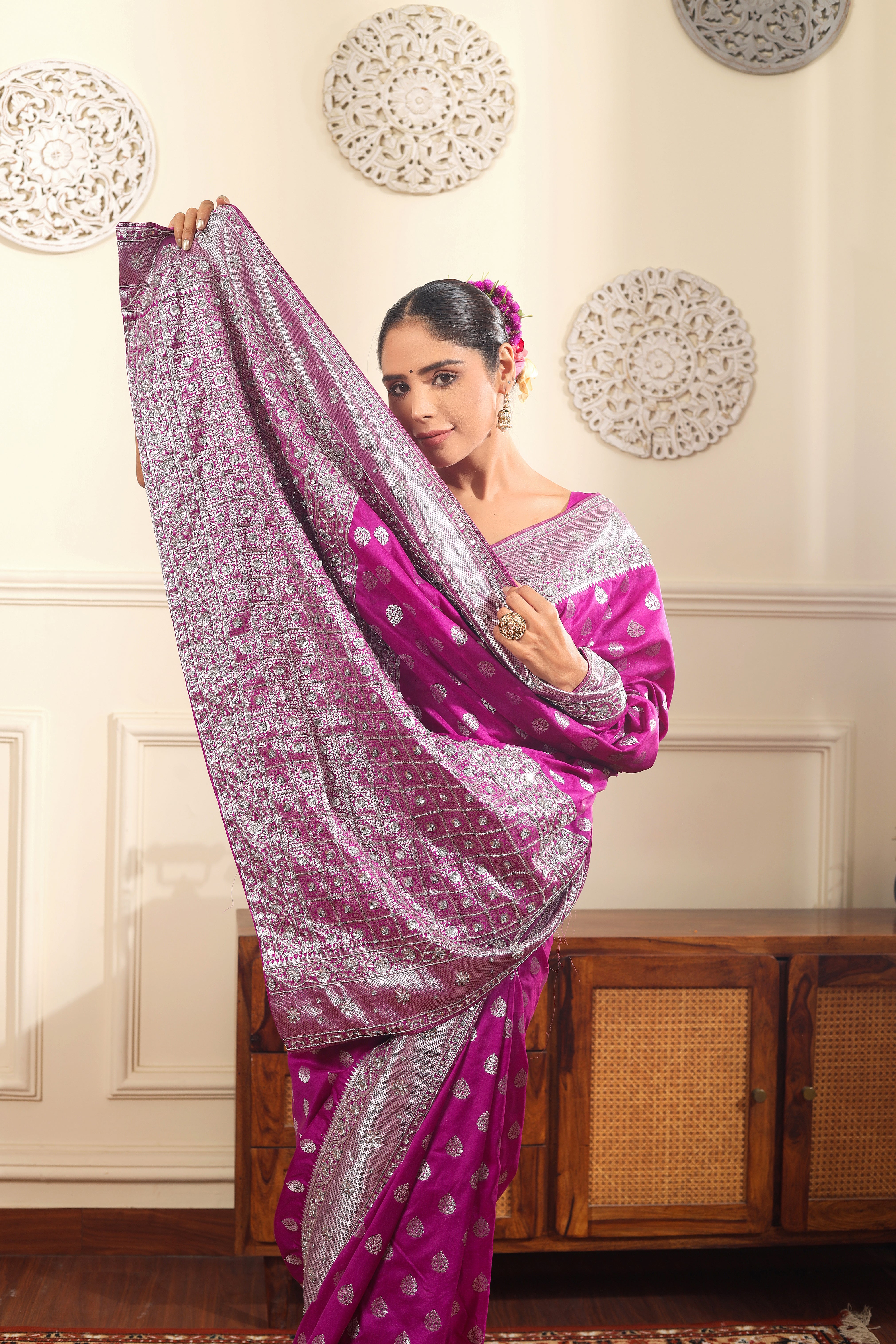 RESHAM - Pure banarsi hand embroidered saree with blouse.