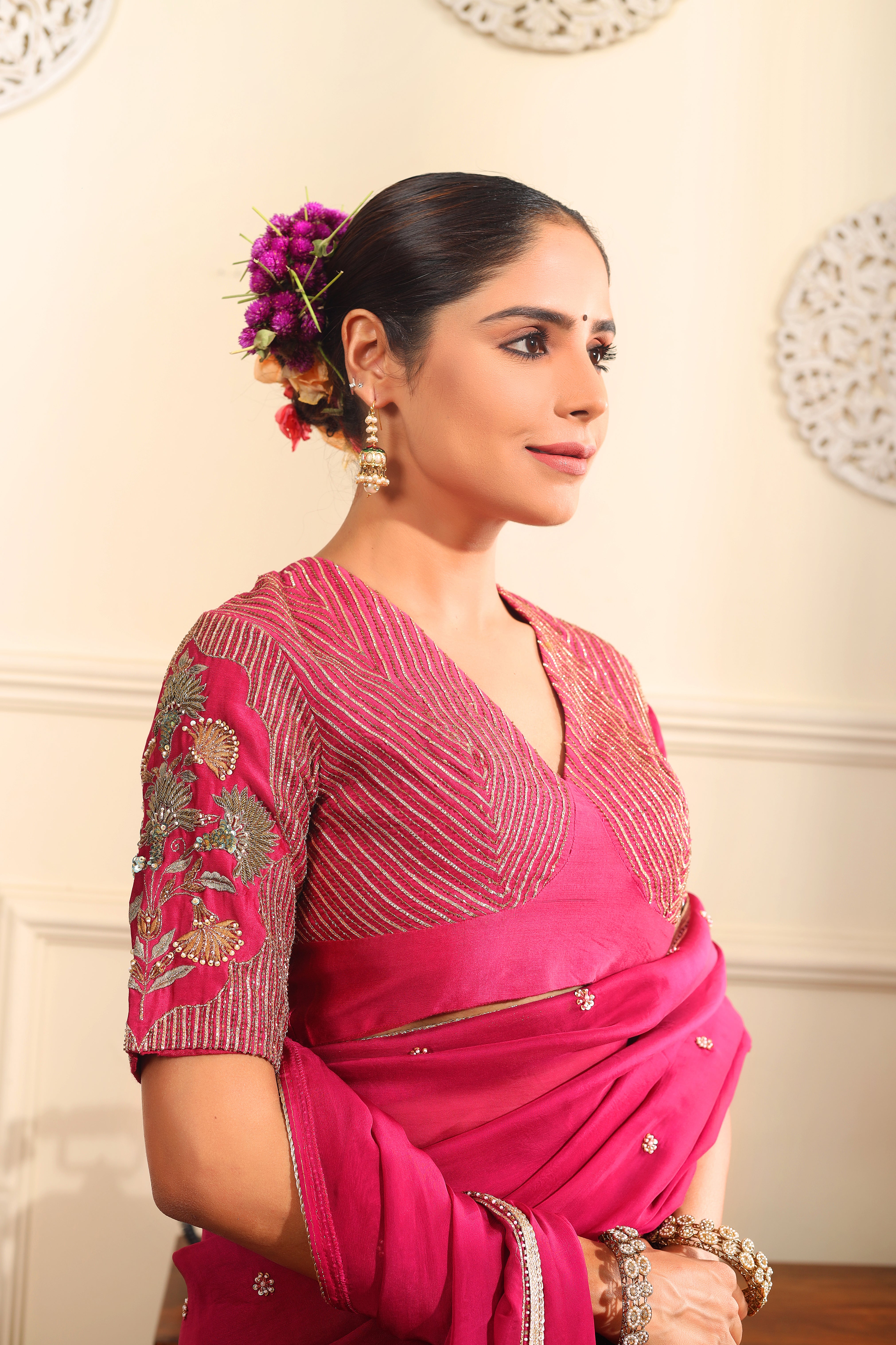 HOOR - Rani pink organza saree with heavy embroidered blouse.