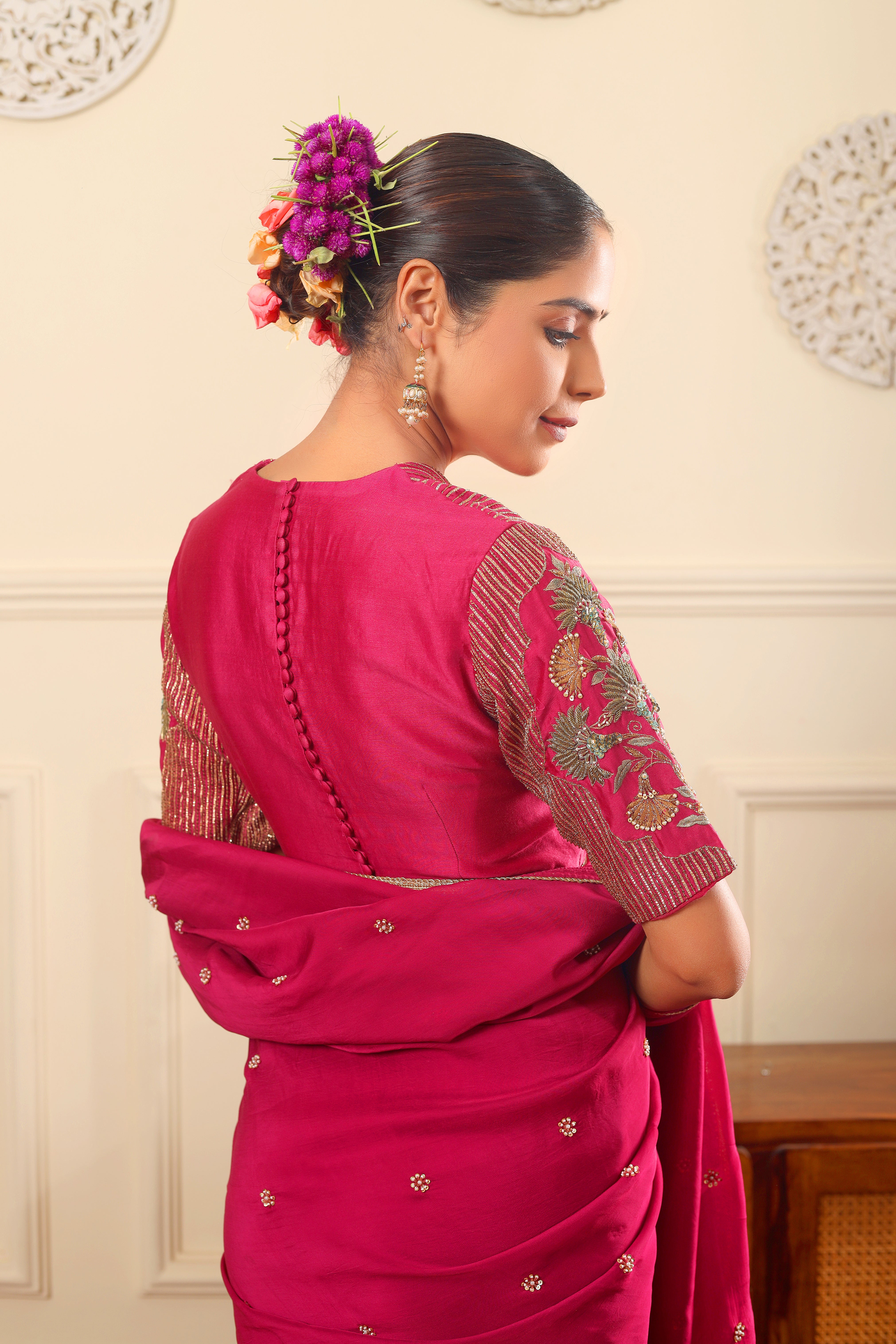 HOOR - Rani pink organza saree with heavy embroidered blouse.
