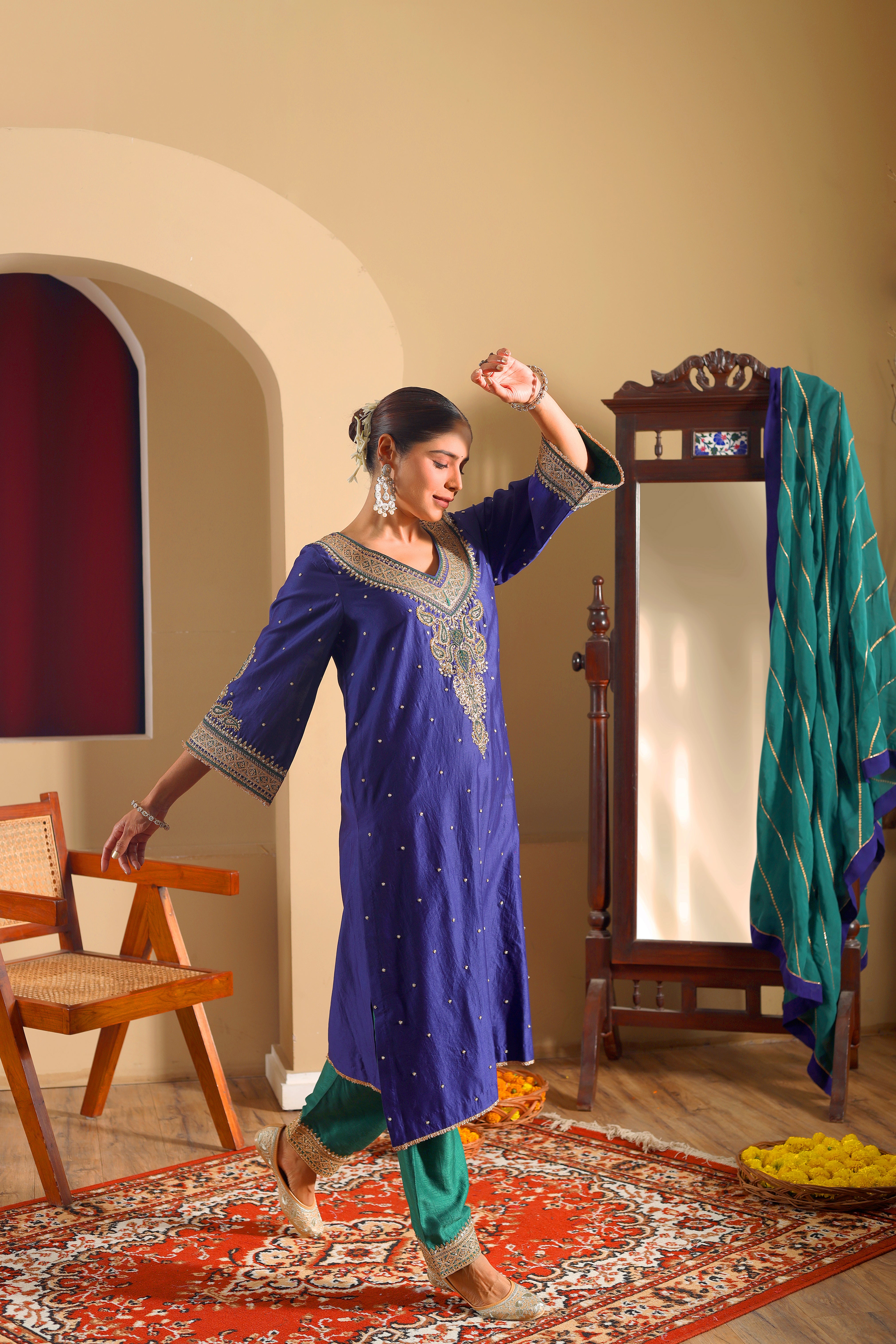 Meher - Blue Hand embroidered Kurta  Set With Dupatta.