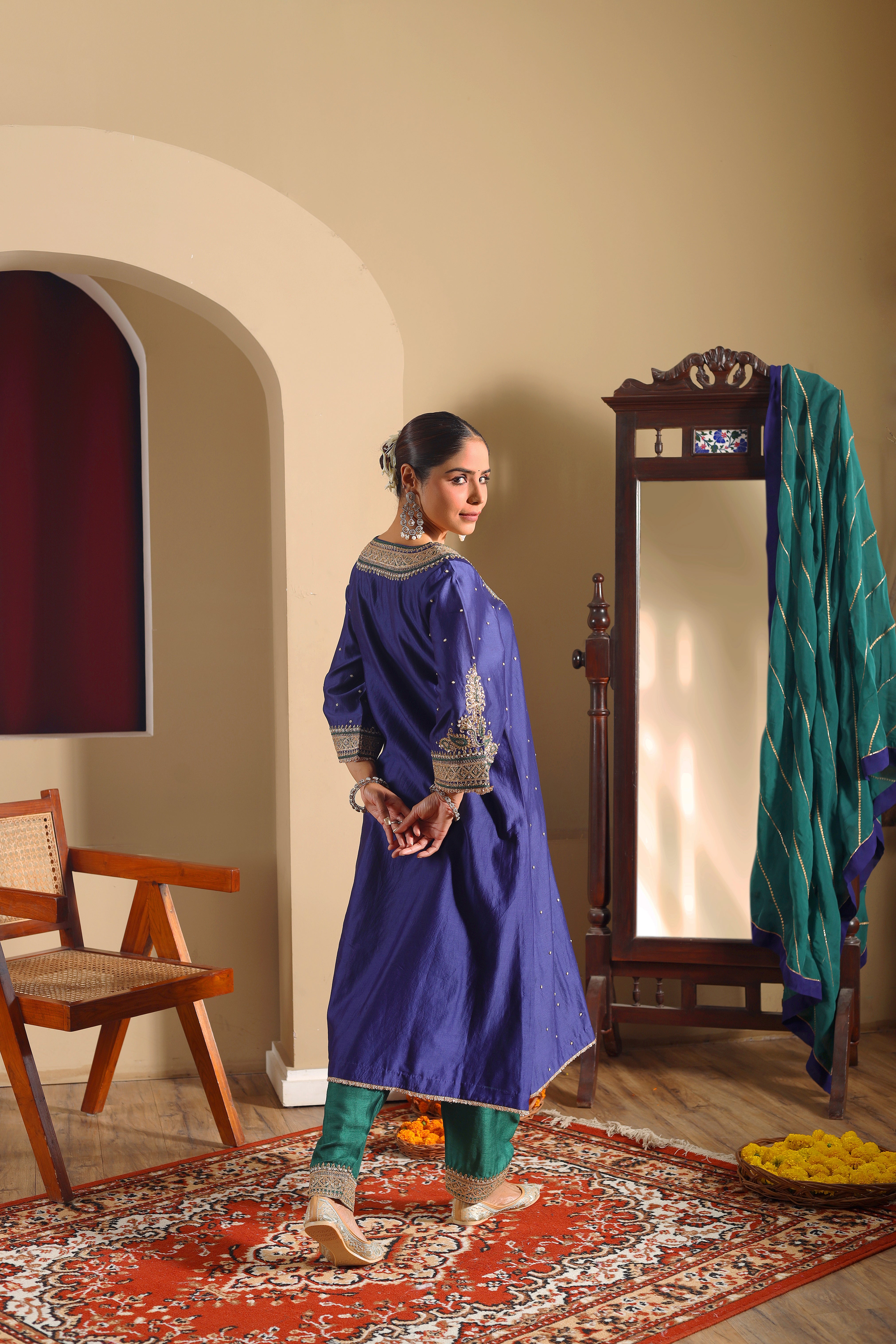 Meher - Blue Hand embroidered Kurta  Set With Dupatta.