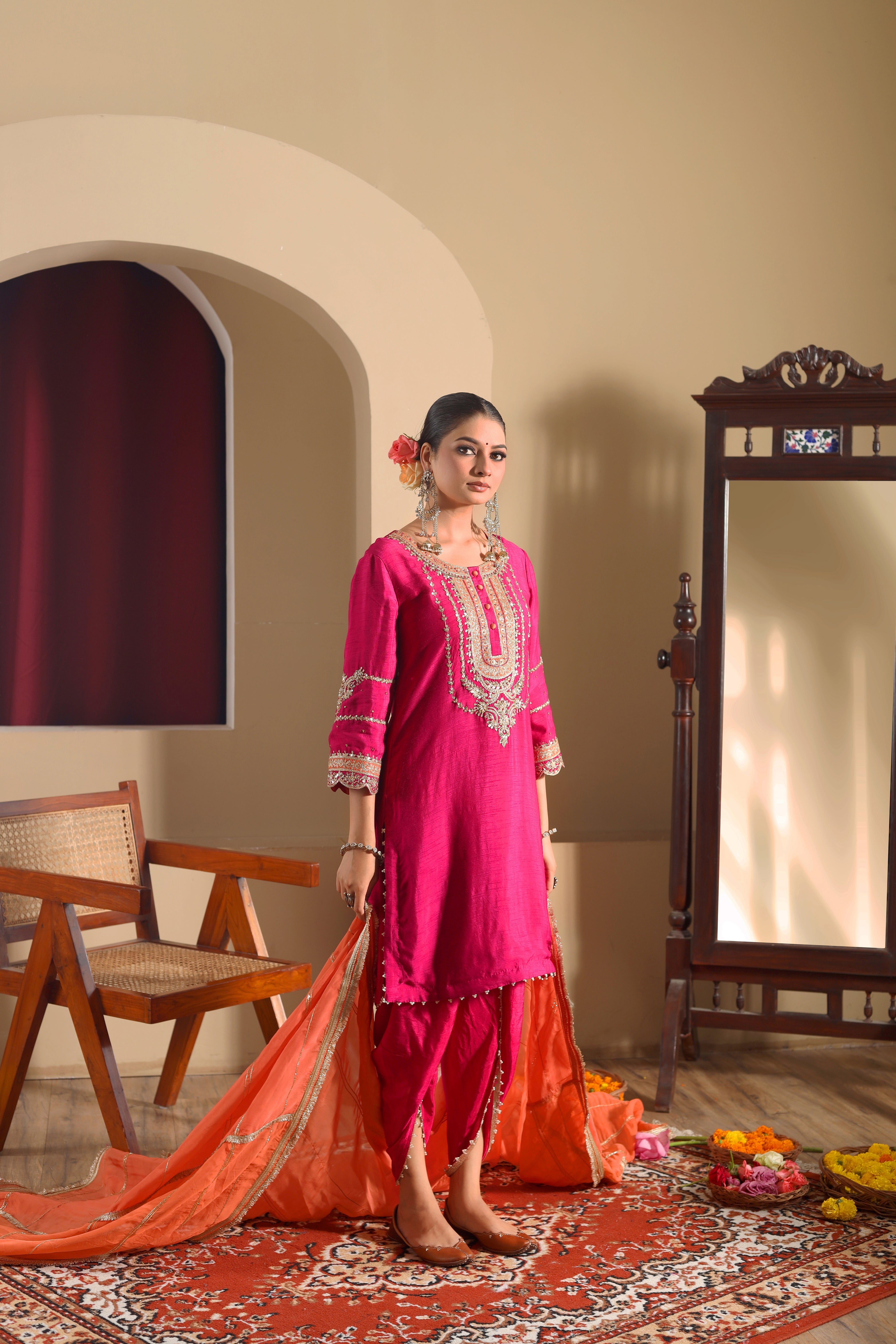 Sumbul - Fuchsia Pink Short Kurta Set With Dhoti And Orange Dupatta.