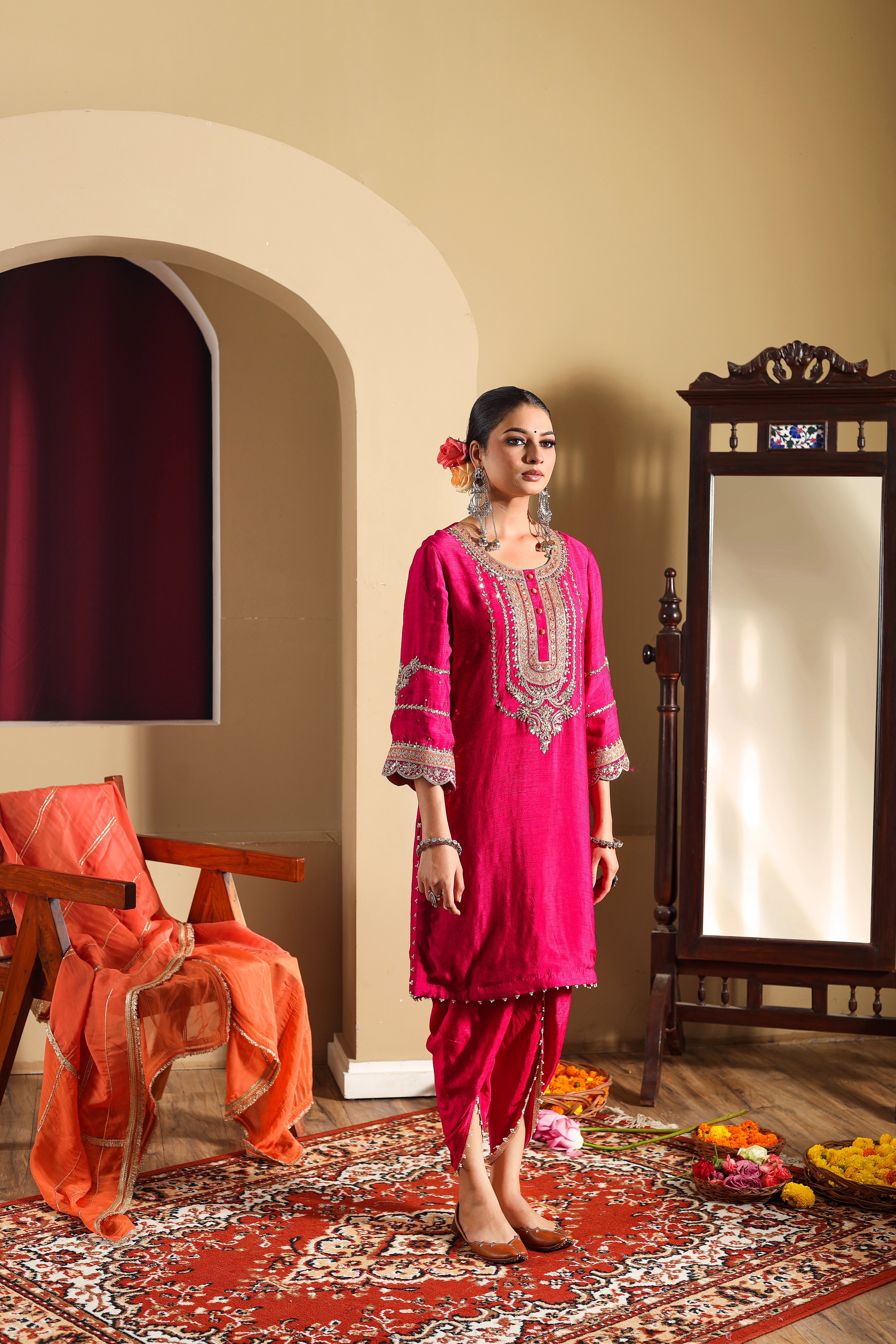 Sumbul - Fuchsia Pink Short Kurta Set With Dhoti And Orange Dupatta.