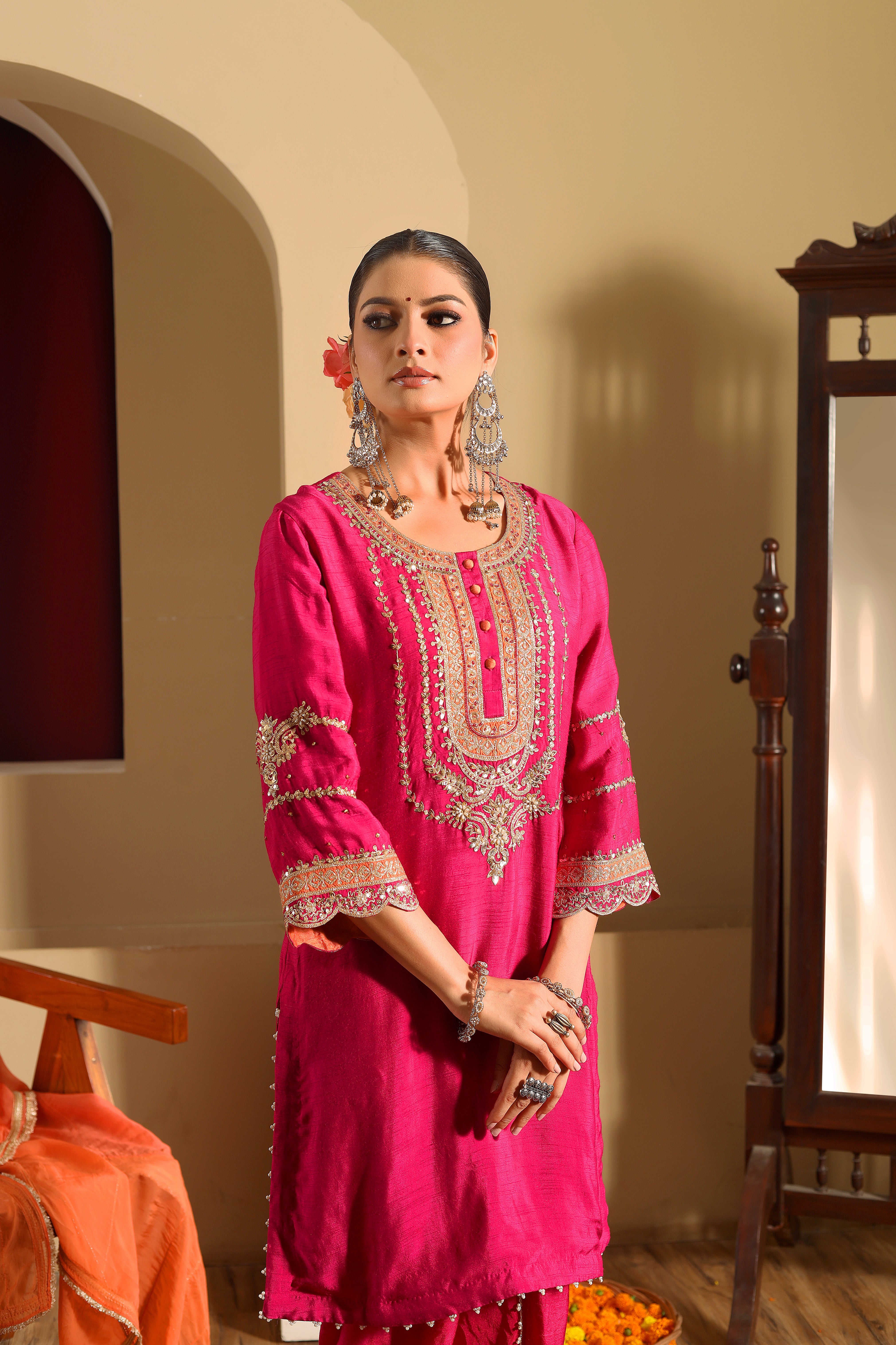 Sumbul - Fuchsia Pink Short Kurta Set With Dhoti And Orange Dupatta.