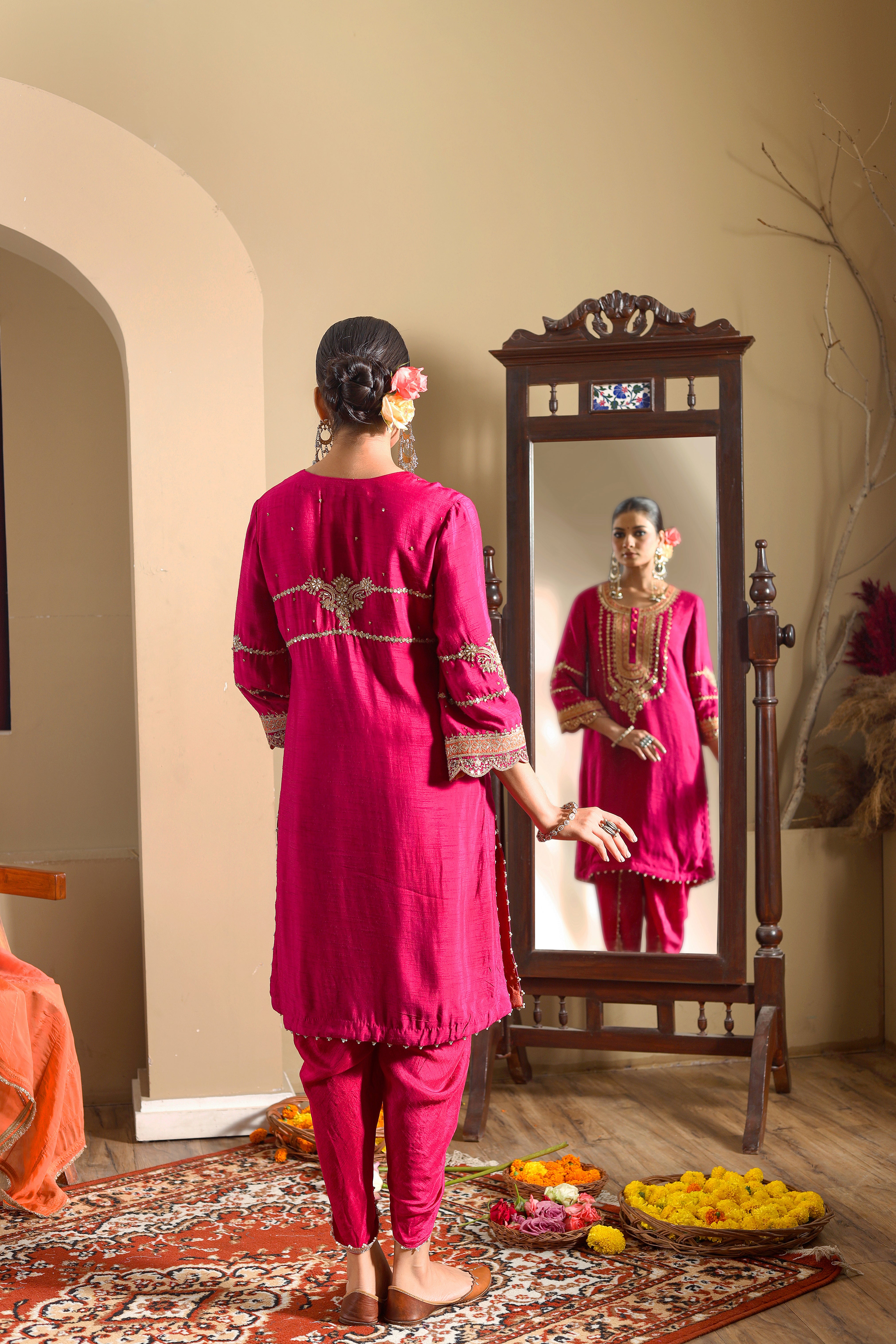 Sumbul - Fuchsia Pink Short Kurta Set With Dhoti And Orange Dupatta.