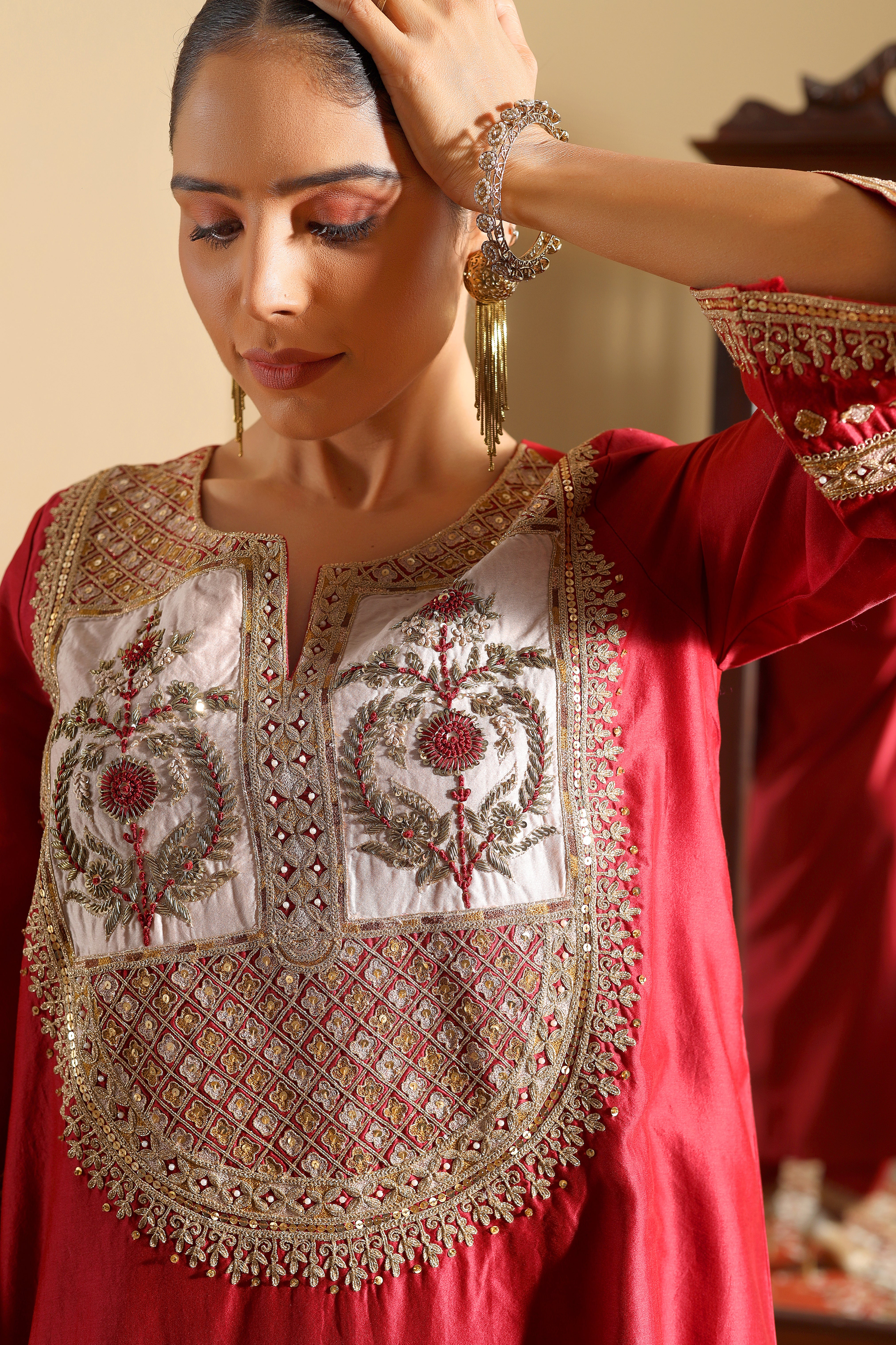 RIDA  - Maroon chanderi hand embroidered kurta set with dupatta.