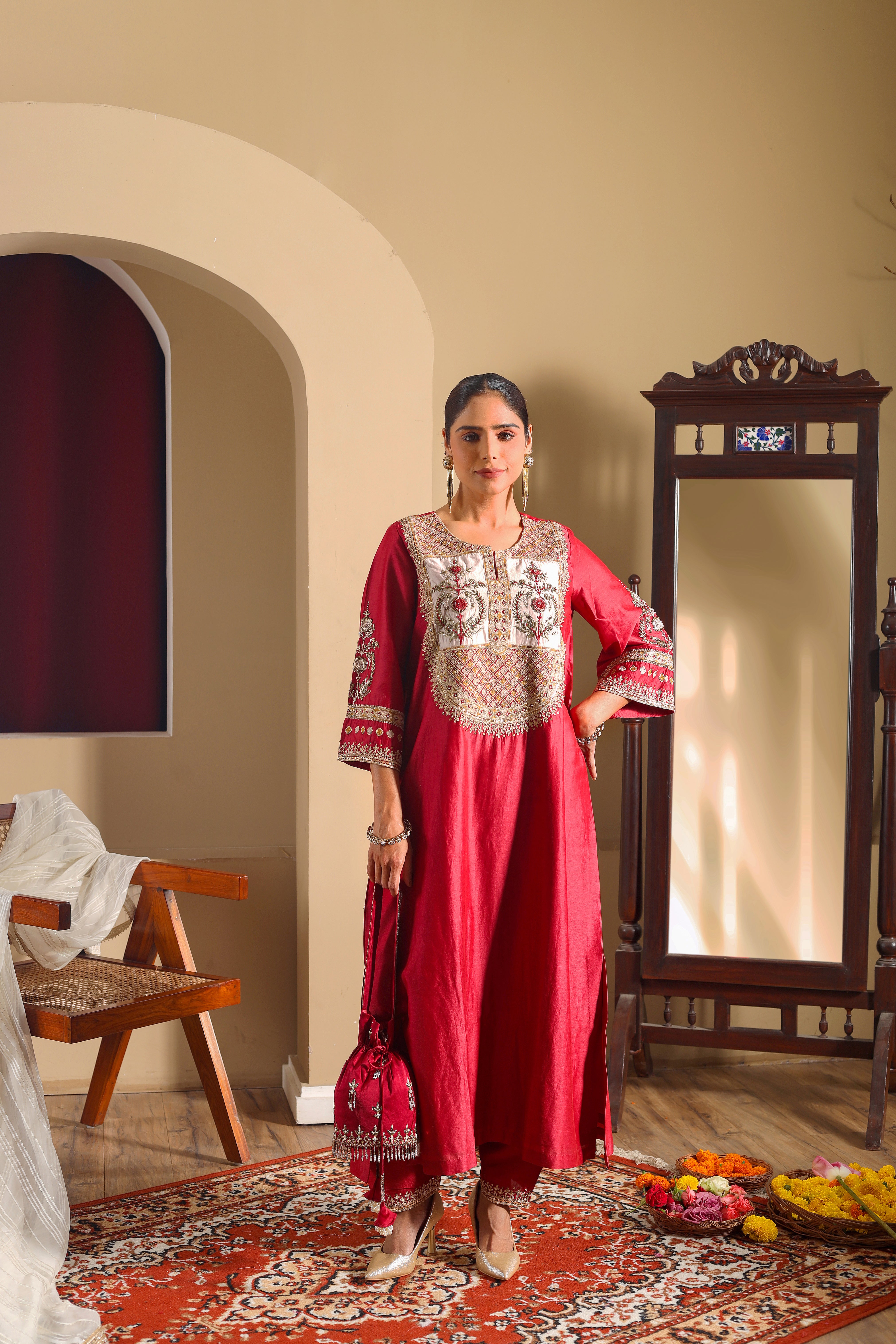 RIDA  - Maroon chanderi hand embroidered kurta set with dupatta.