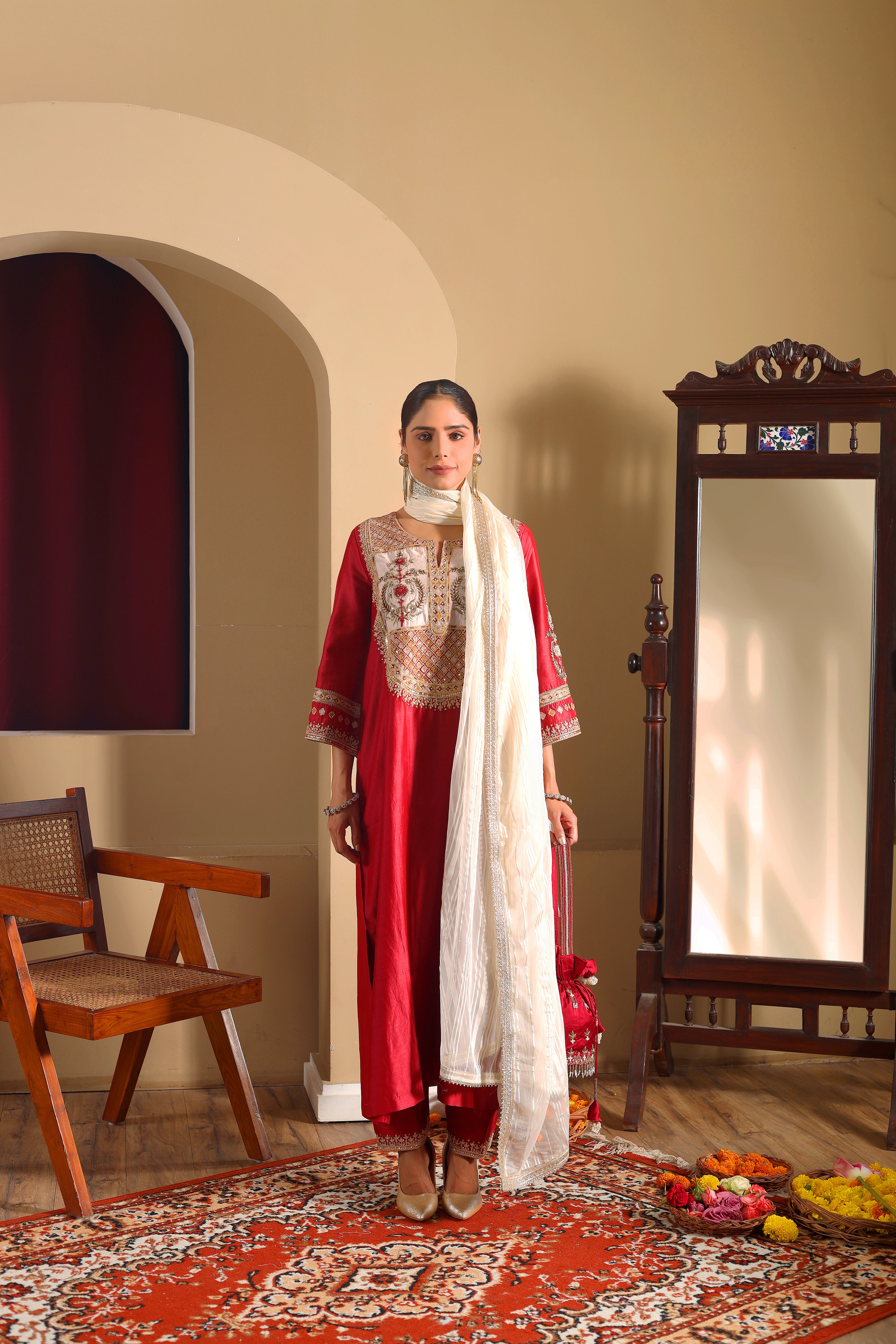 RIDA  - Maroon chanderi hand embroidered kurta set with dupatta.