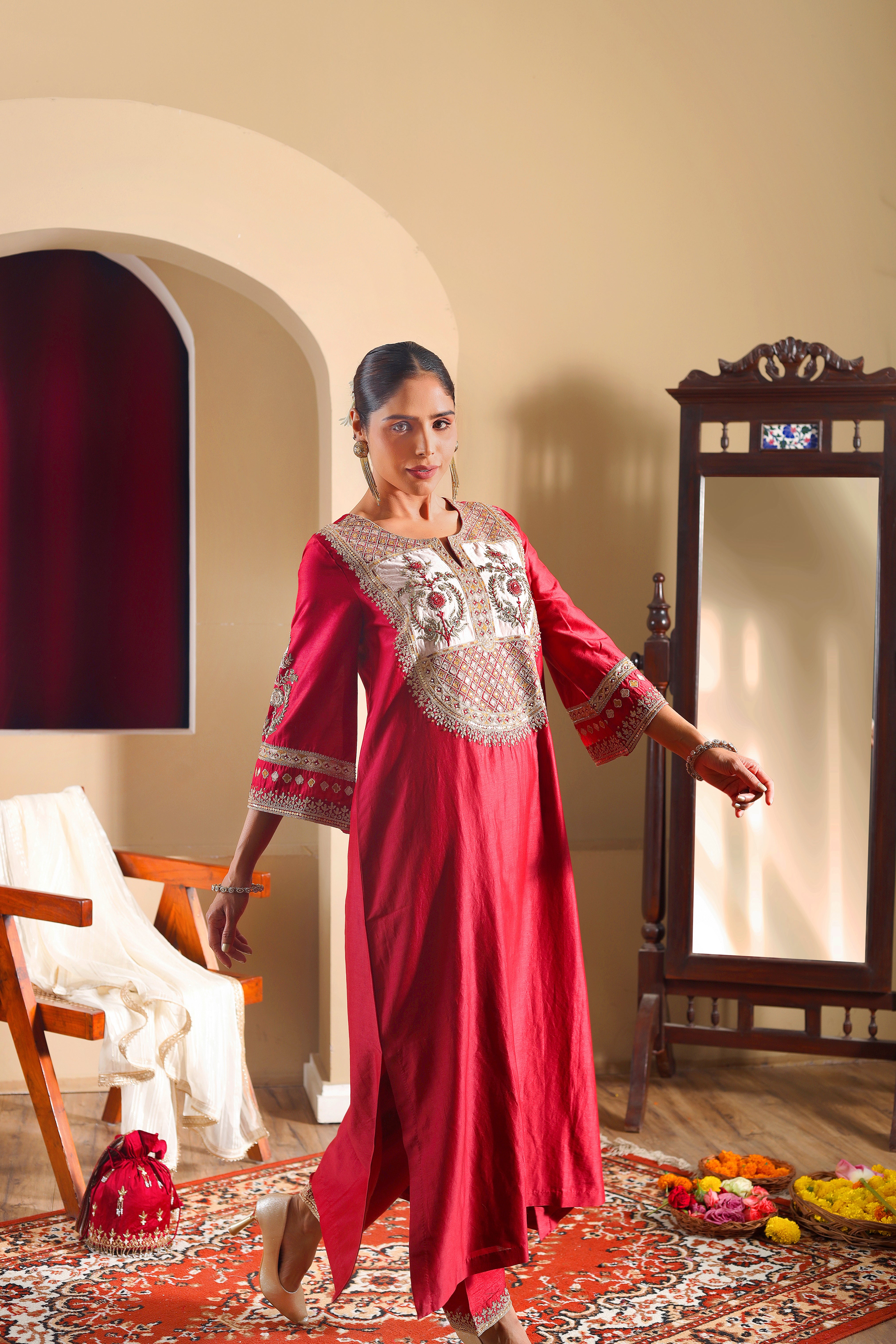 RIDA  - Maroon chanderi hand embroidered kurta set with dupatta.
