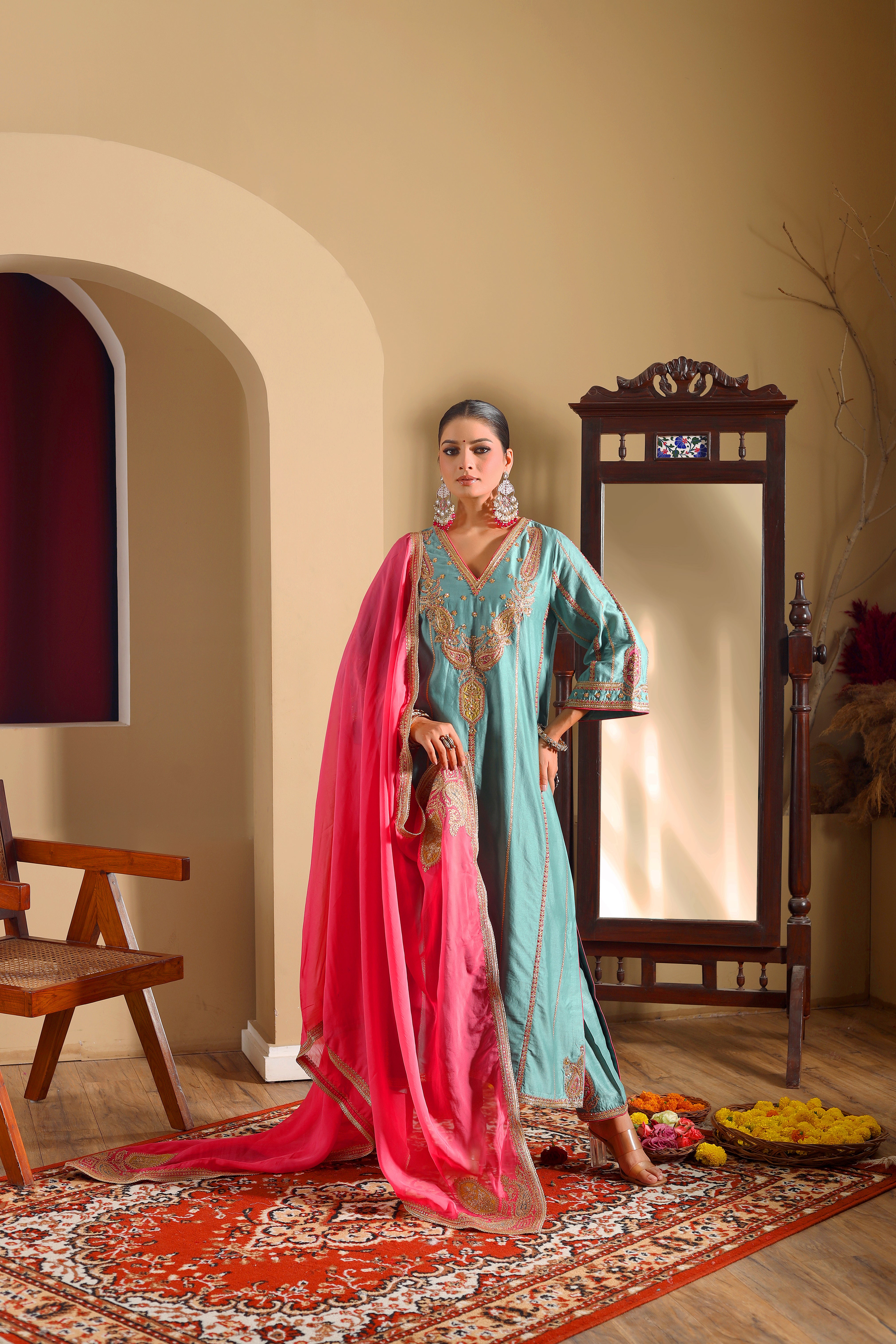 NOORANI- Hand embroidered teal blue kurta set with pink oraganza dupatta