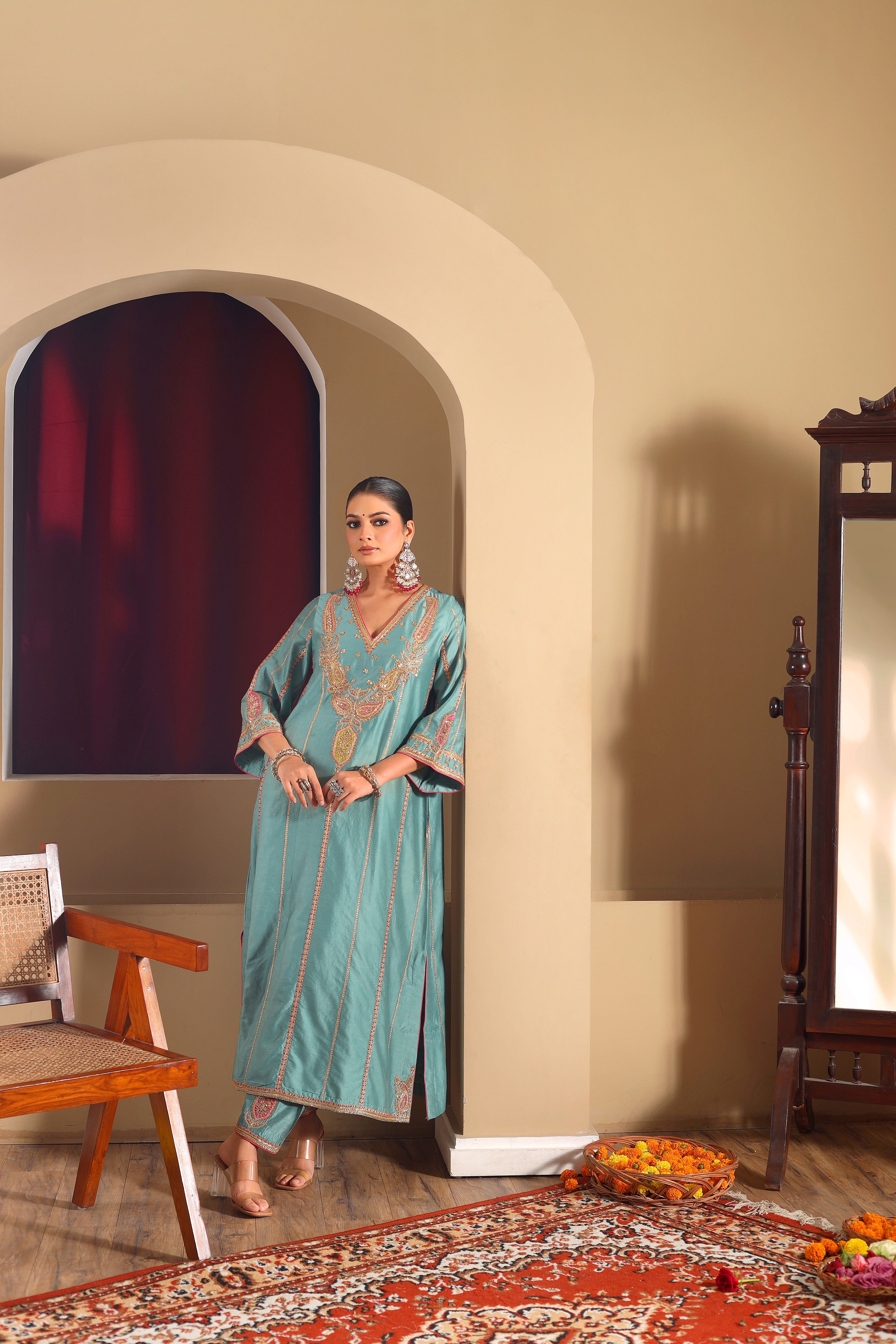 NOORANI- Hand embroidered teal blue kurta set with pink oraganza dupatta