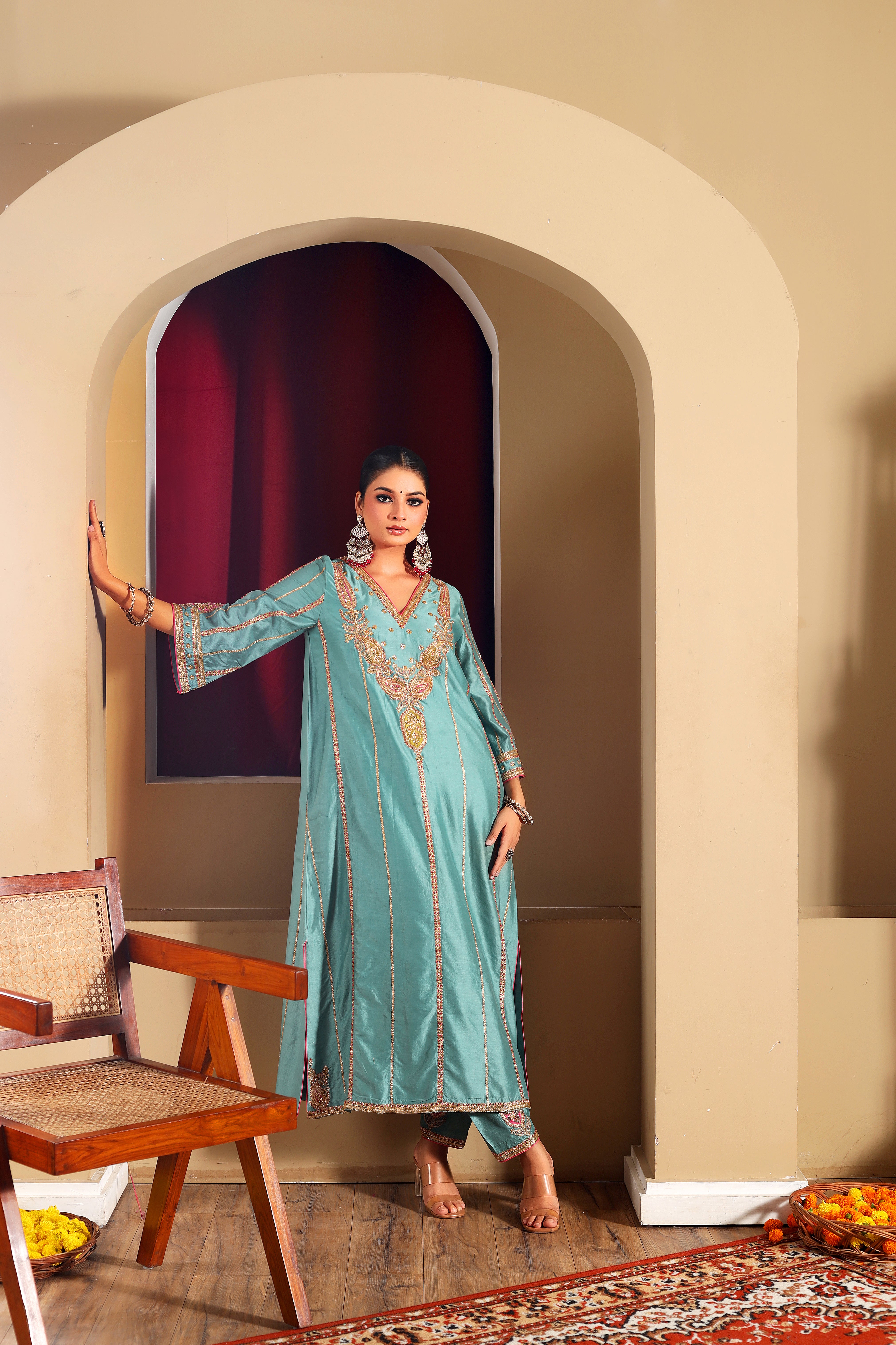 NOORANI- Hand embroidered teal blue kurta set with pink oraganza dupatta