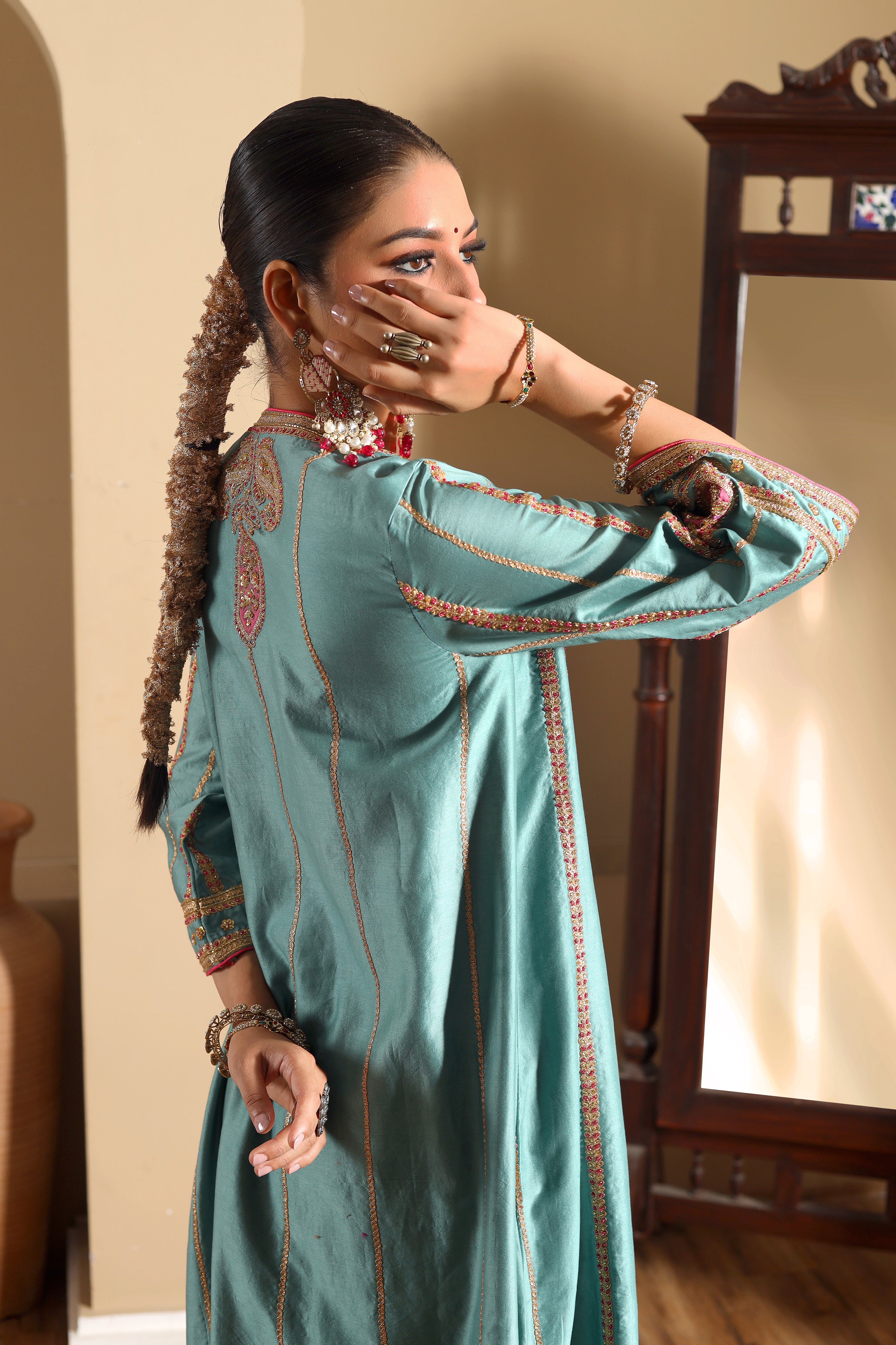 NOORANI- Hand embroidered teal blue kurta set with pink oraganza dupatta