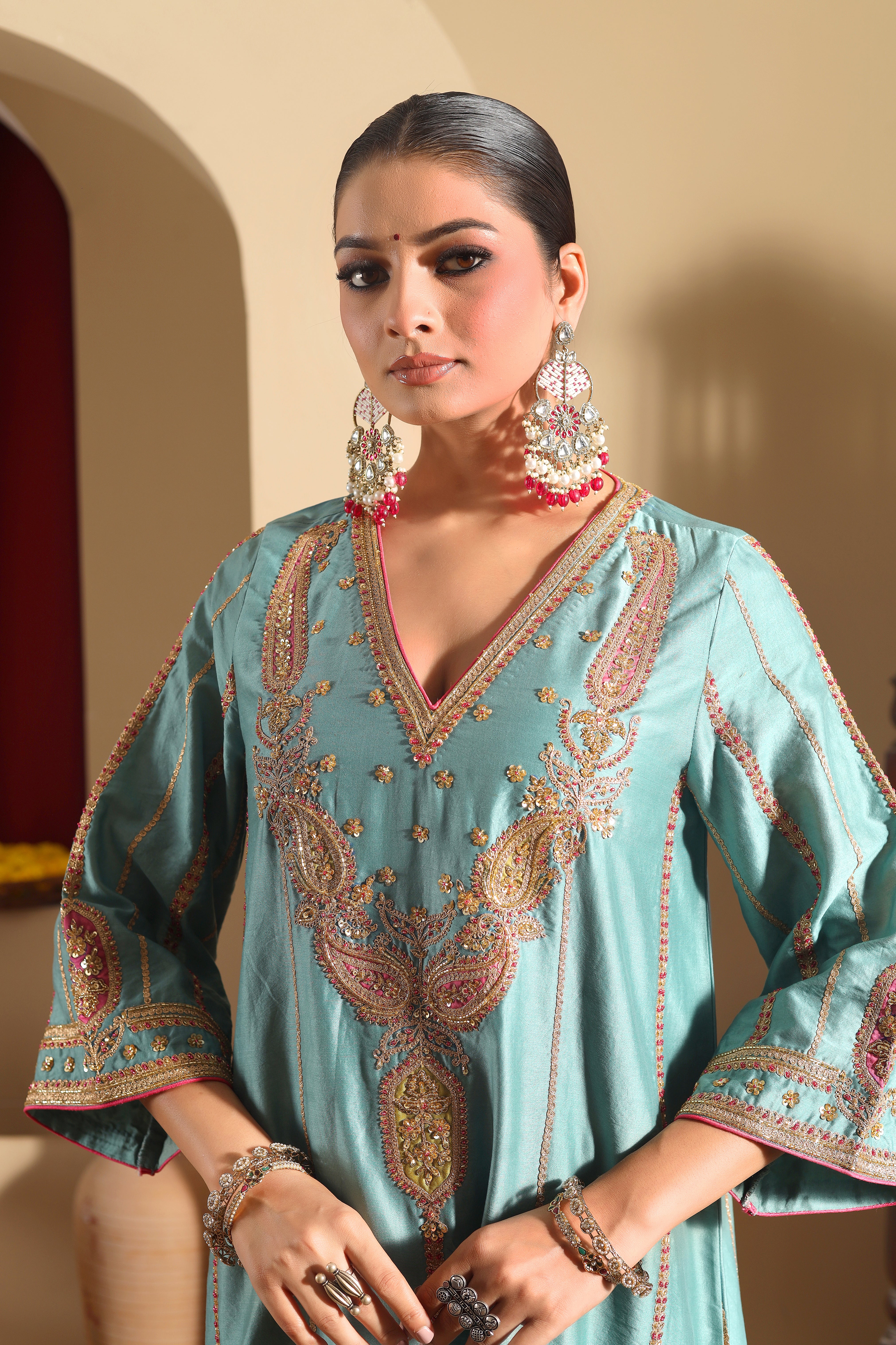 NOORANI- Hand embroidered teal blue kurta set with pink oraganza dupatta
