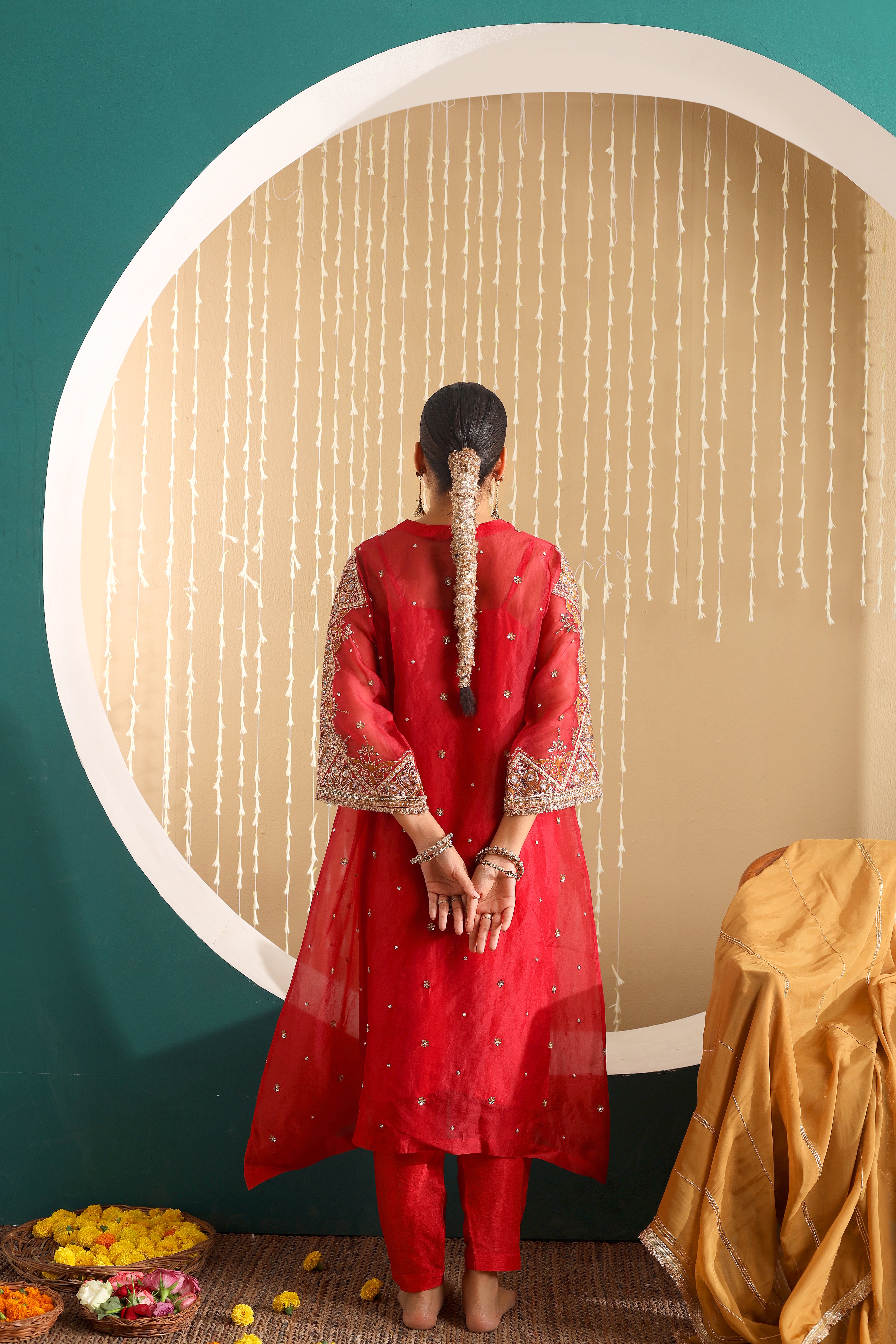 SITARA - Red pure silk organza hand embroidered kurta set with mustard dupatta.