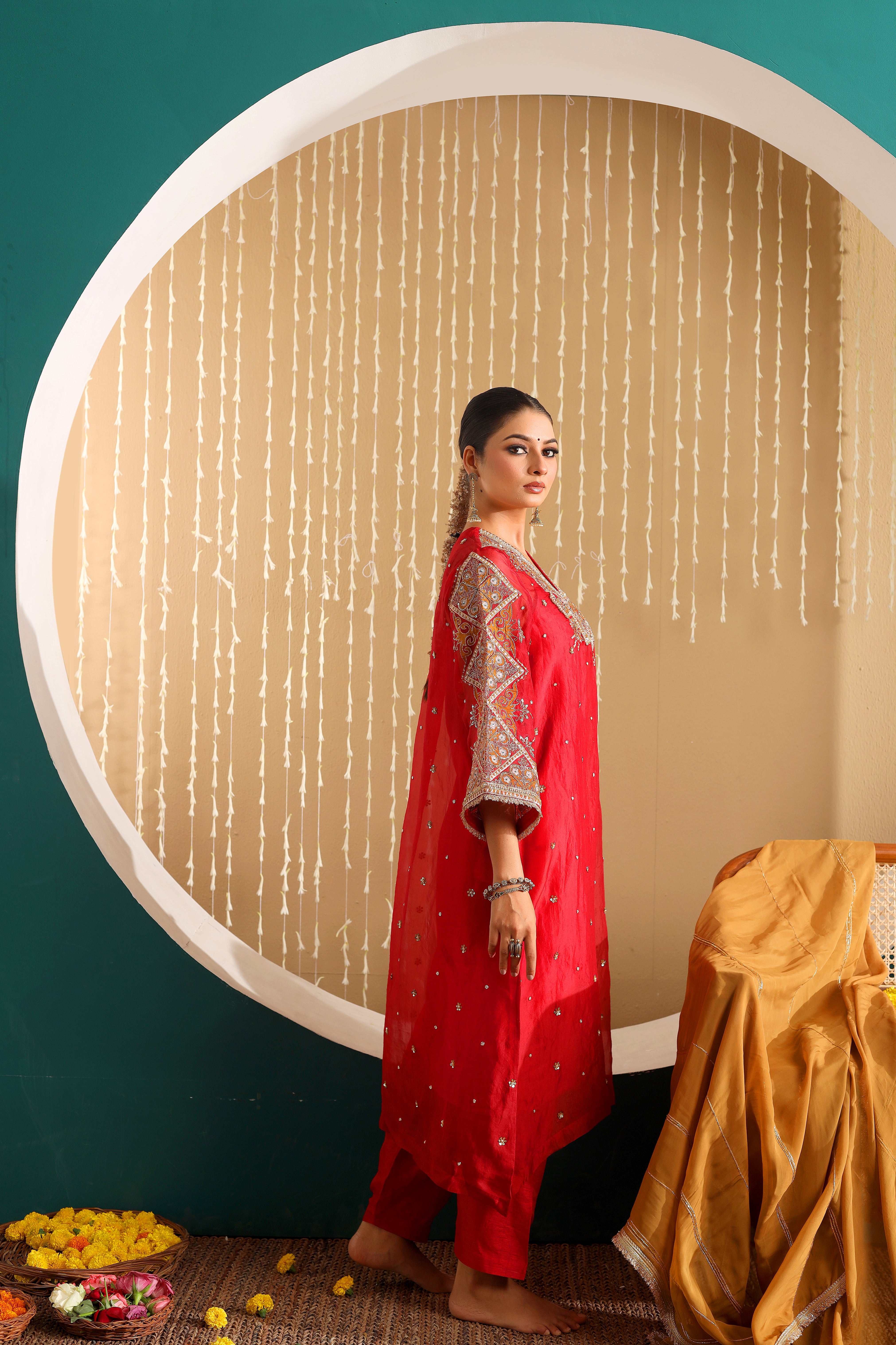 SITARA - Red pure silk organza hand embroidered kurta set with mustard dupatta.